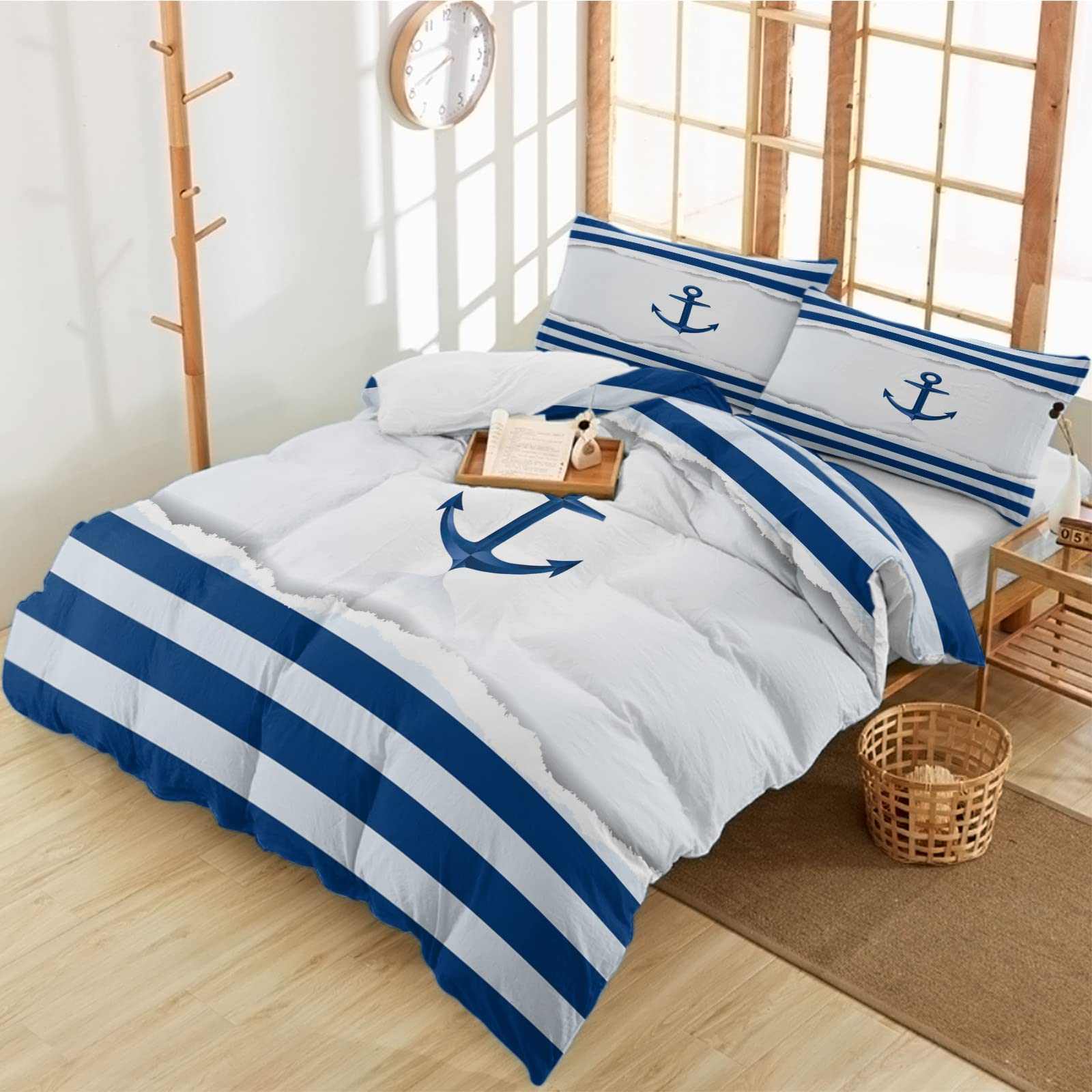 Nautical Navy Blue Anchor Duvet Cover Set - Twin 3 Piece Bedding with 2 Pillowcases | Lightweight Soft Comforter Cover for Kids, Teens & Adults | Striped Design | Perfect for Coastal, Beach or Nautical Themed Bedrooms