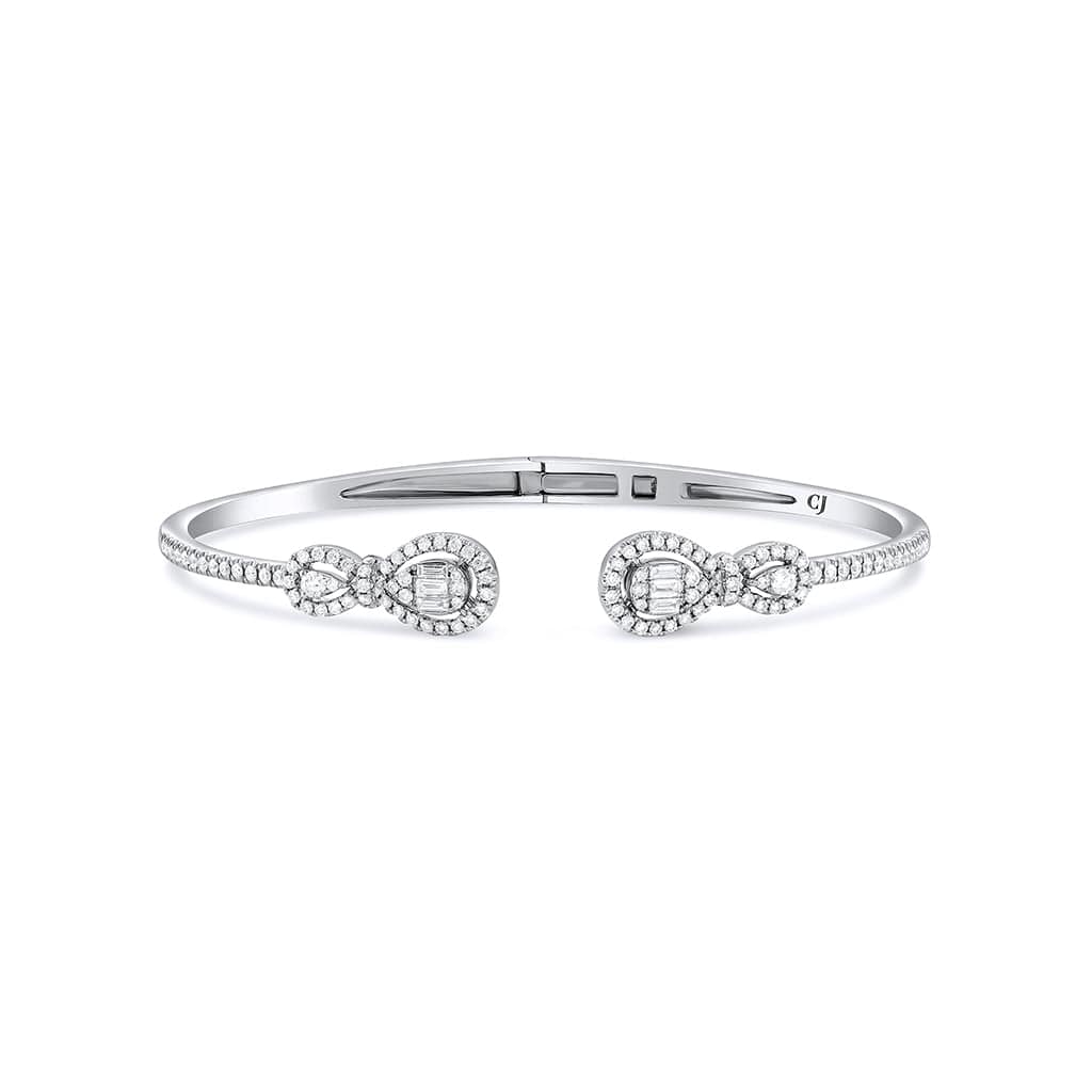 18K White Gold Diamond Cluster Double Pear Motif Bangle Bracelet - Elegant Jewelry for Women, Perfect for Weddings, Anniversaries & Special Occasions
