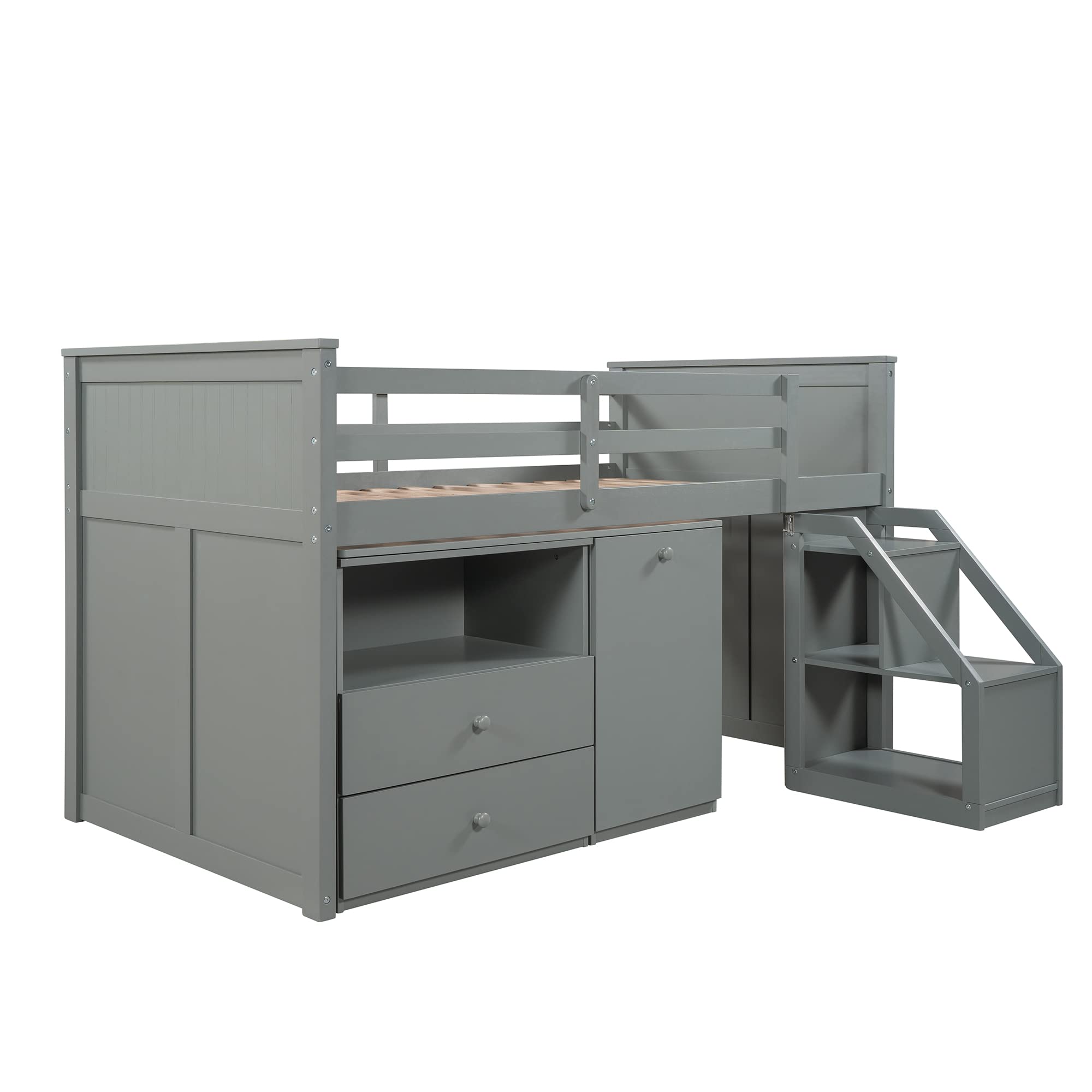 SOFTSEA Kids Loft Bed with Desk & Storage - Twin Study Bed for Small Spaces (Gray)