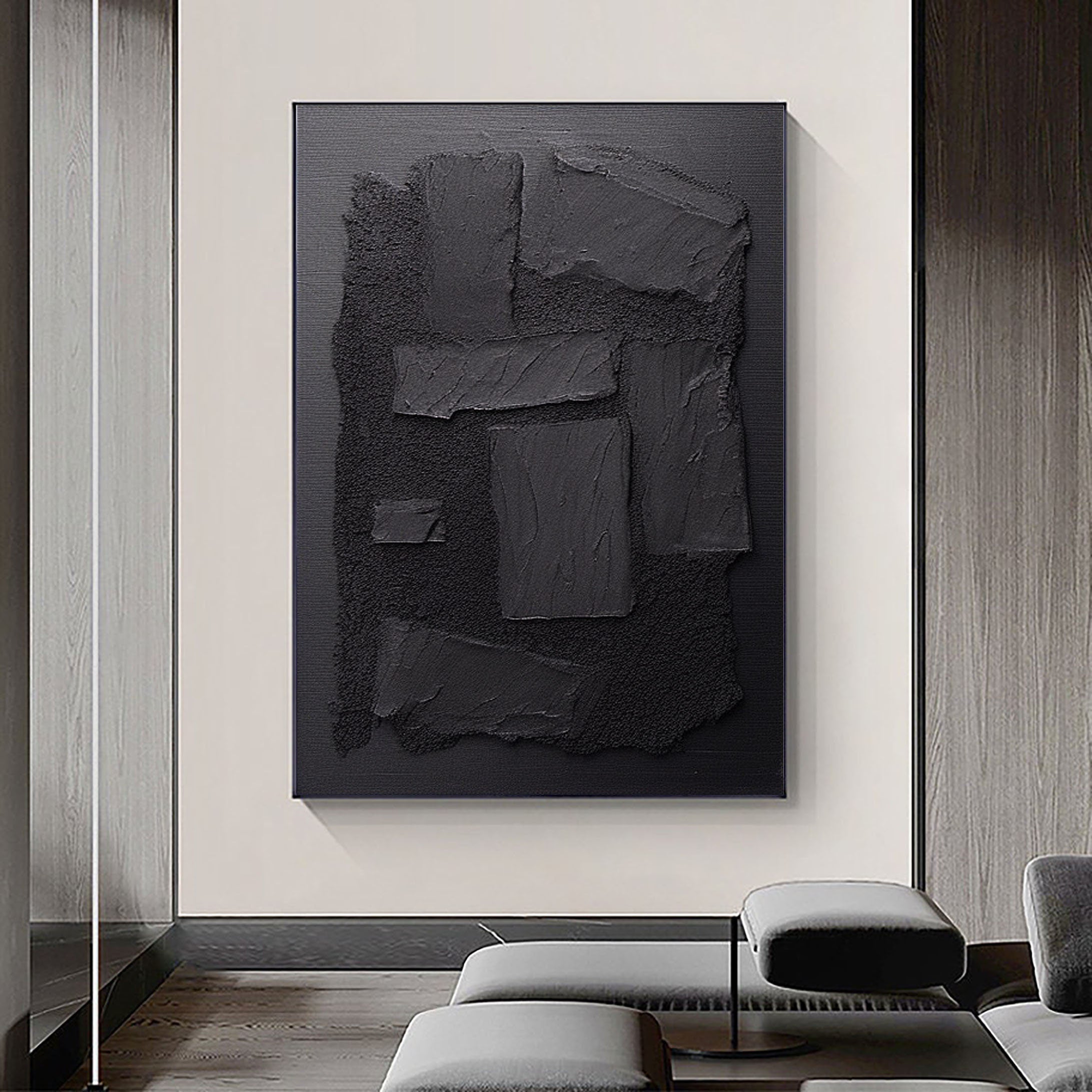 Black Plaster Art Minimalist Textured Painting - Modern Abstract Wall Decor for Living Room, Bedroom & Office | Contemporary Home Decor | #MZ033