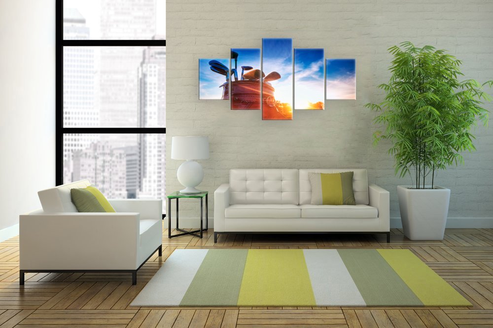 5 Panel Golf Clubs Wall Art Canvas Painting - Modern Modular Sunshine Golf Enthusiast Gift - Framed & Ready to Hang Home Decor for Living Room, Office, or Man Cave - Perfect Golf Themed Decor for Sports Fans