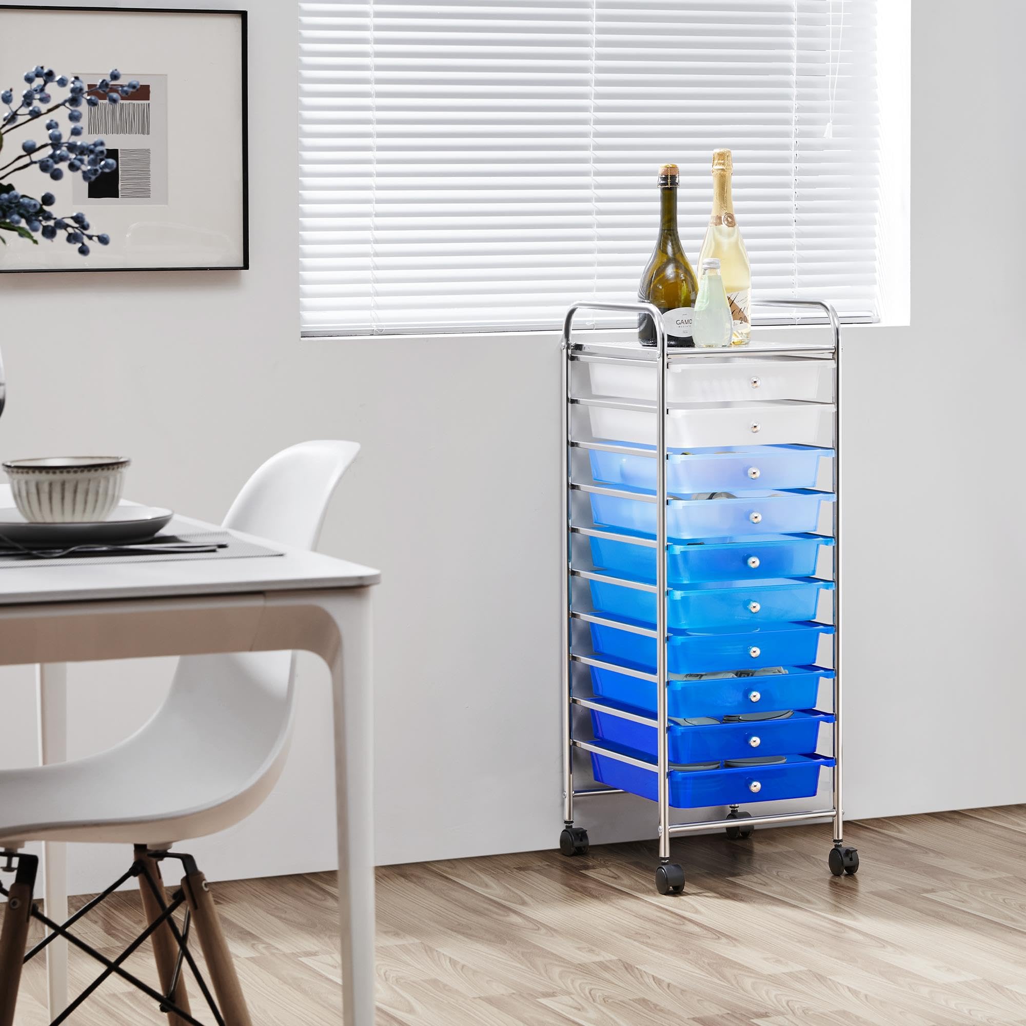 Topeakmart 10-Drawer Rolling Storage Cart - Plastic Utility Organizer with Wheels, Blue Gradient - Perfect for Home, Office, Garage & Craft Room Organization
