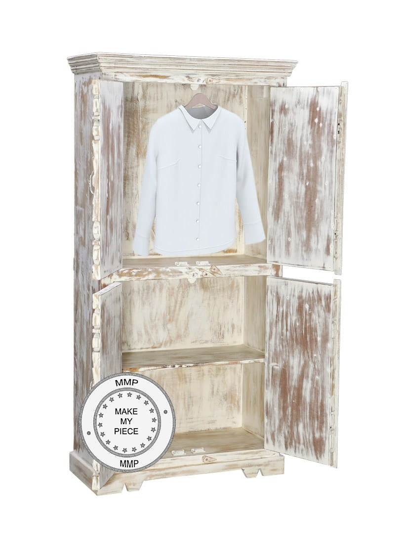 Hand Carved Indian Solid Wood Wardrobe Bookshelf Cabinet - White | Vintage Style Storage for Bedroom, Living Room & Office