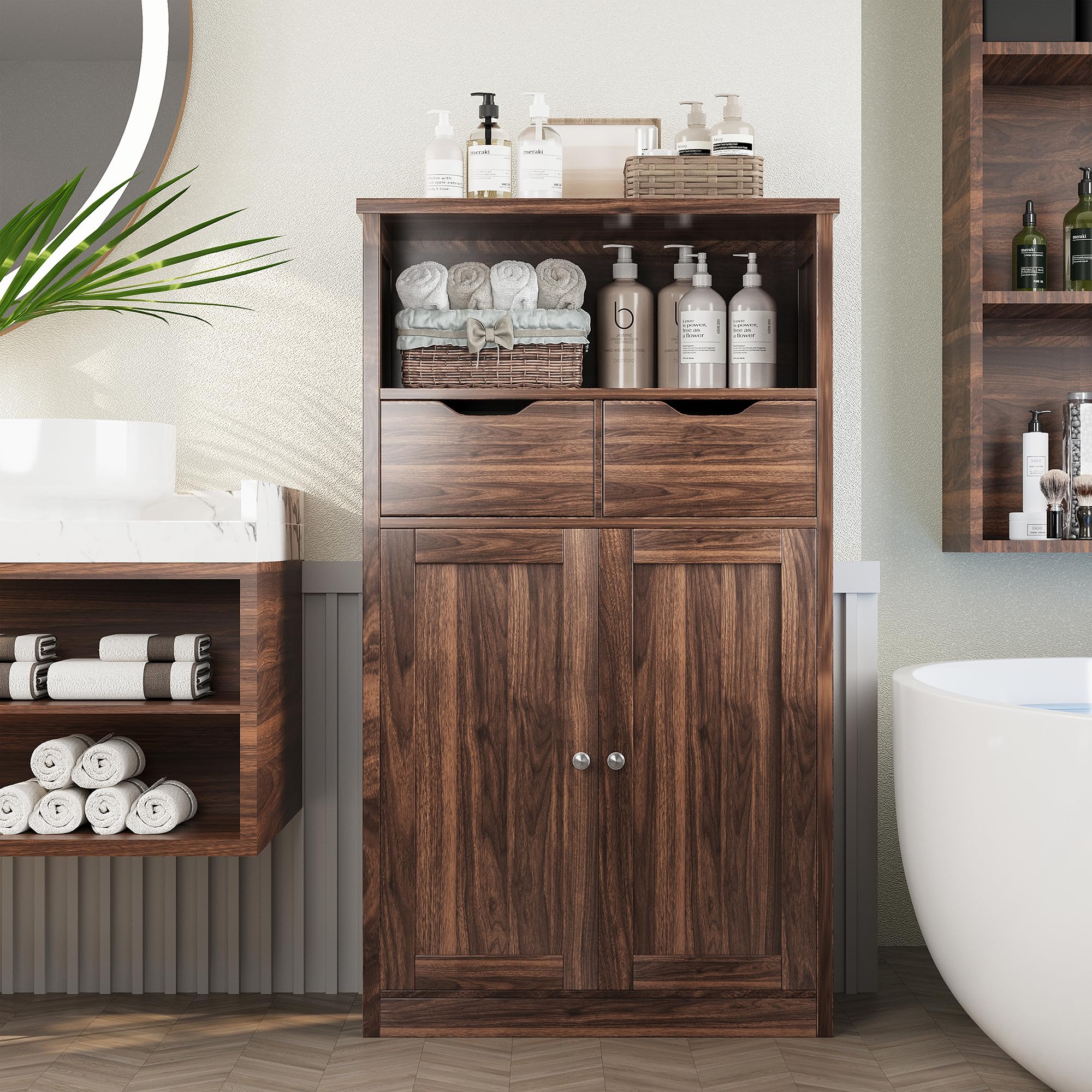 Shintenchi Storage Cabinet with Doors & Drawers - Adjustable Shelf for Bathroom, Kitchen, Living Room - Walnut