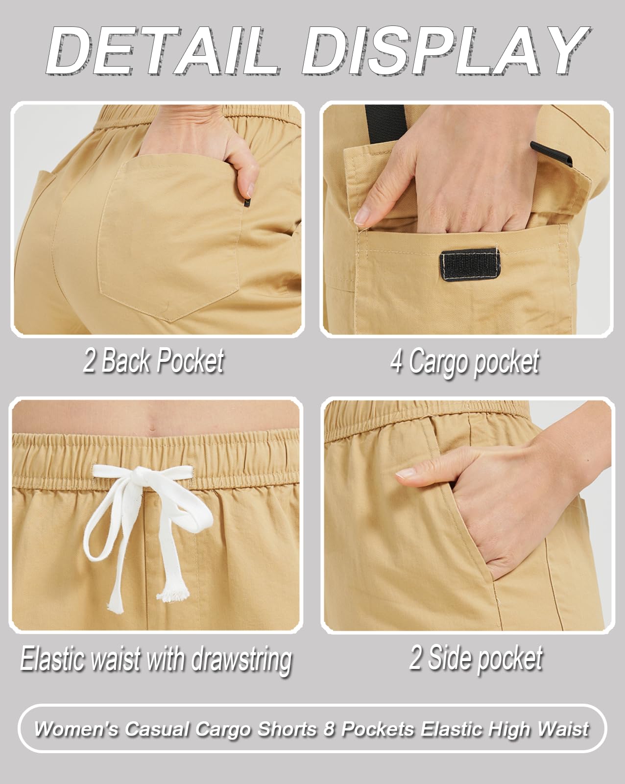 XinYangNi Women's Casual Cargo Shorts with Pockets - Elastic High Waist Drawstring Bermuda Shorts for Women - Perfect for Hiking, Travel & Summer Outdoor Activities
