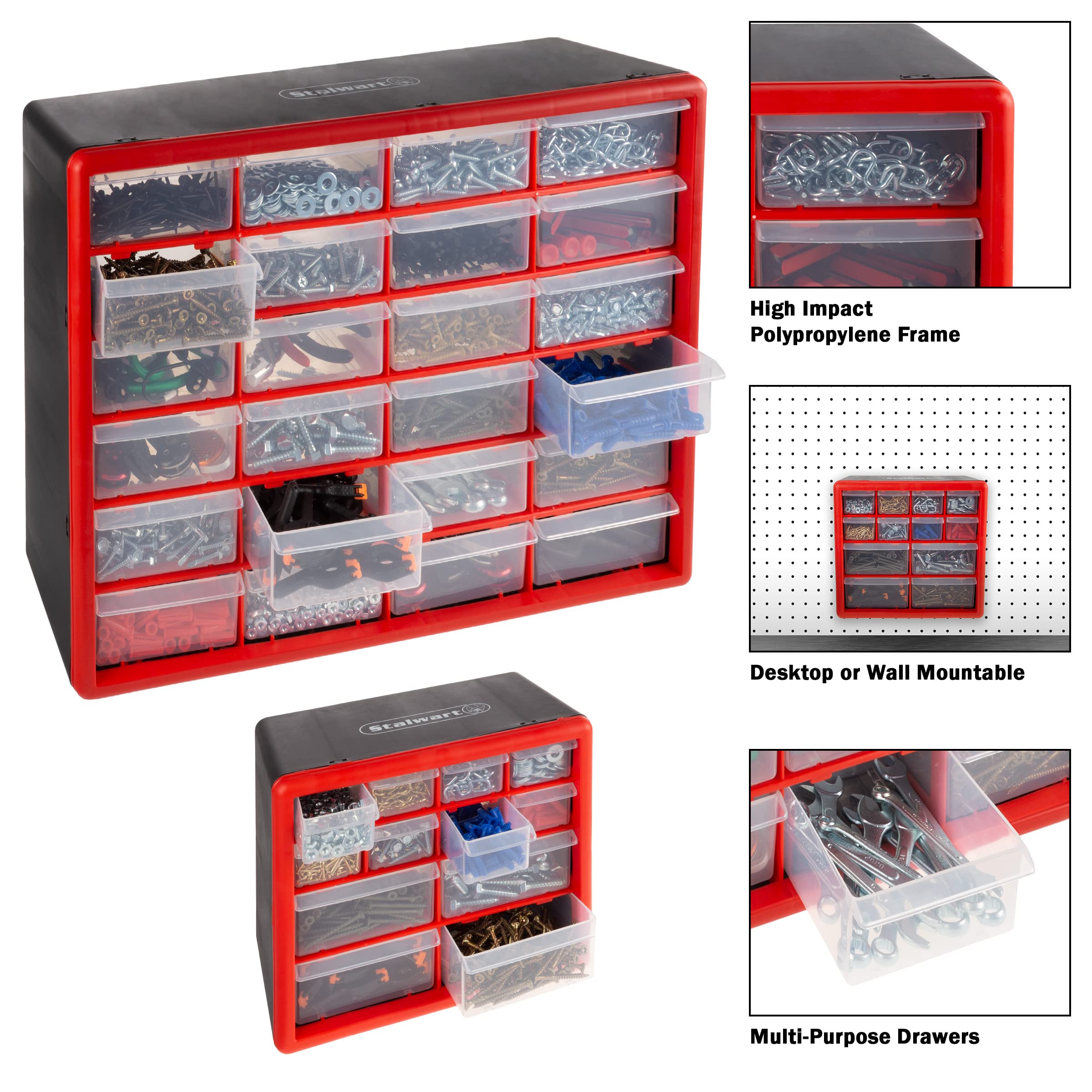 Stalwart 2-Pack Plastic Storage Bins with Drawers - 12 & 24 Drawer Desktop or Wall Mount Tool Organizer for Hardware, Crafts, Office Supplies - Perfect for Workshop, Garage & DIY Projects (Red)