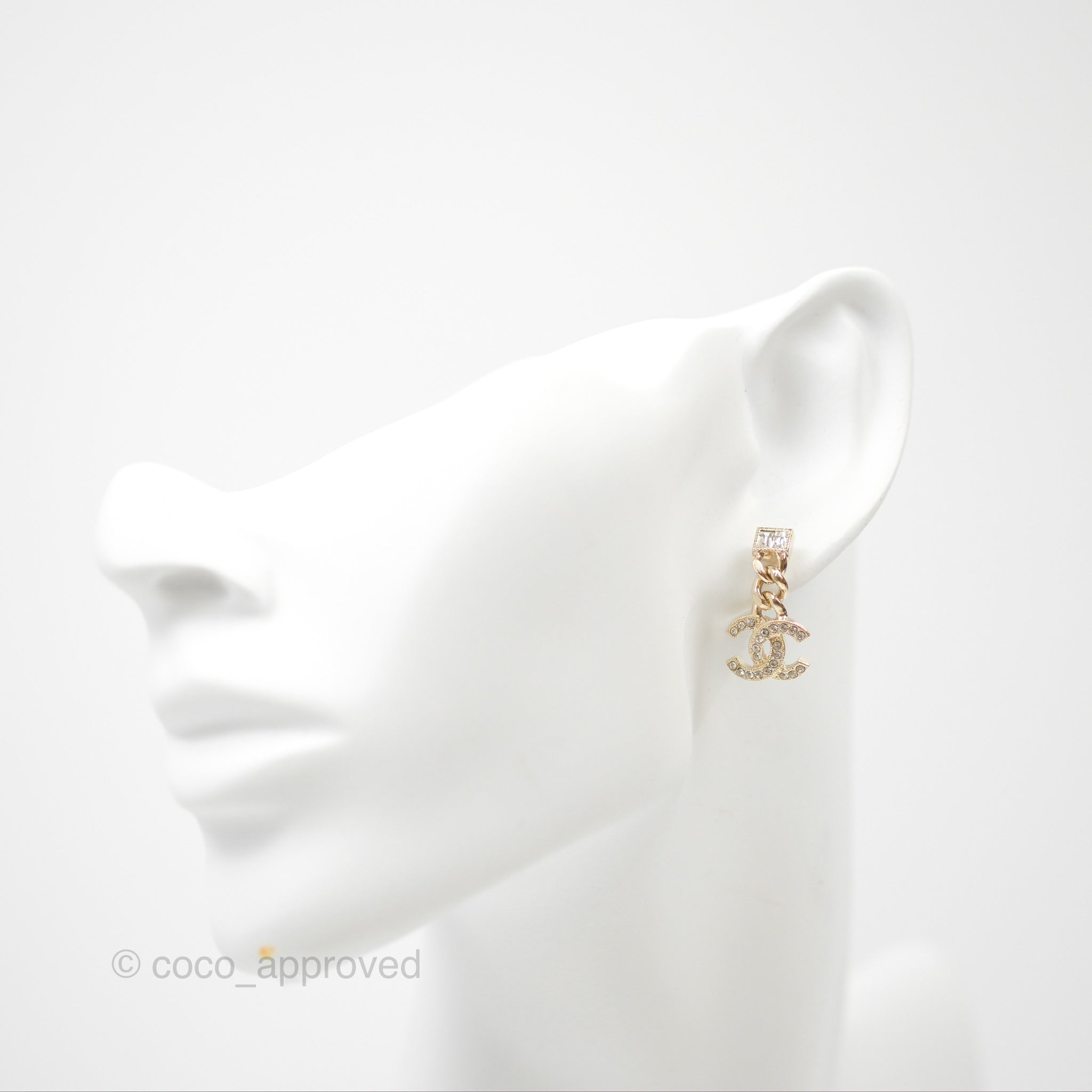 Chanel CC Crystal Drop Earrings in Gold Tone - 23V Elegant Dangling Earrings for Women | Perfect for Parties, Weddings & Evening Events