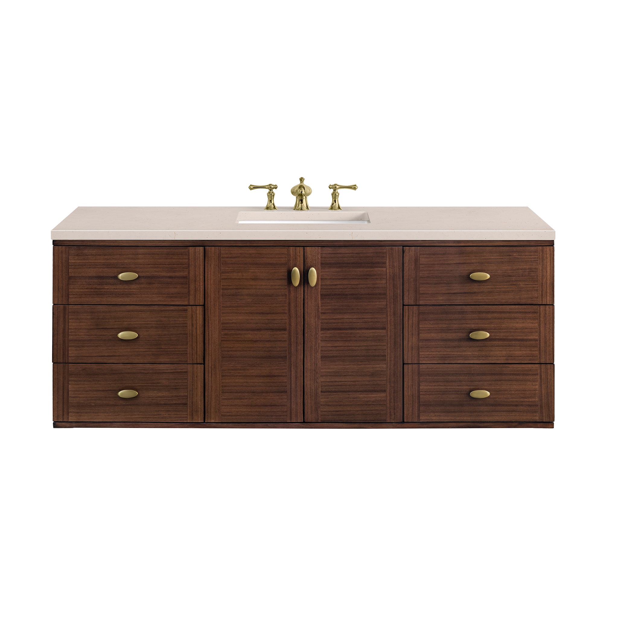 Amberly 60 Inch Single Bathroom Vanity with Mid-Century Modern Design, Walnut Finish & 3CM Eternal Marfil Stone Top - Perfect for Master Bath, Guest Bath or Powder Room Remodel
