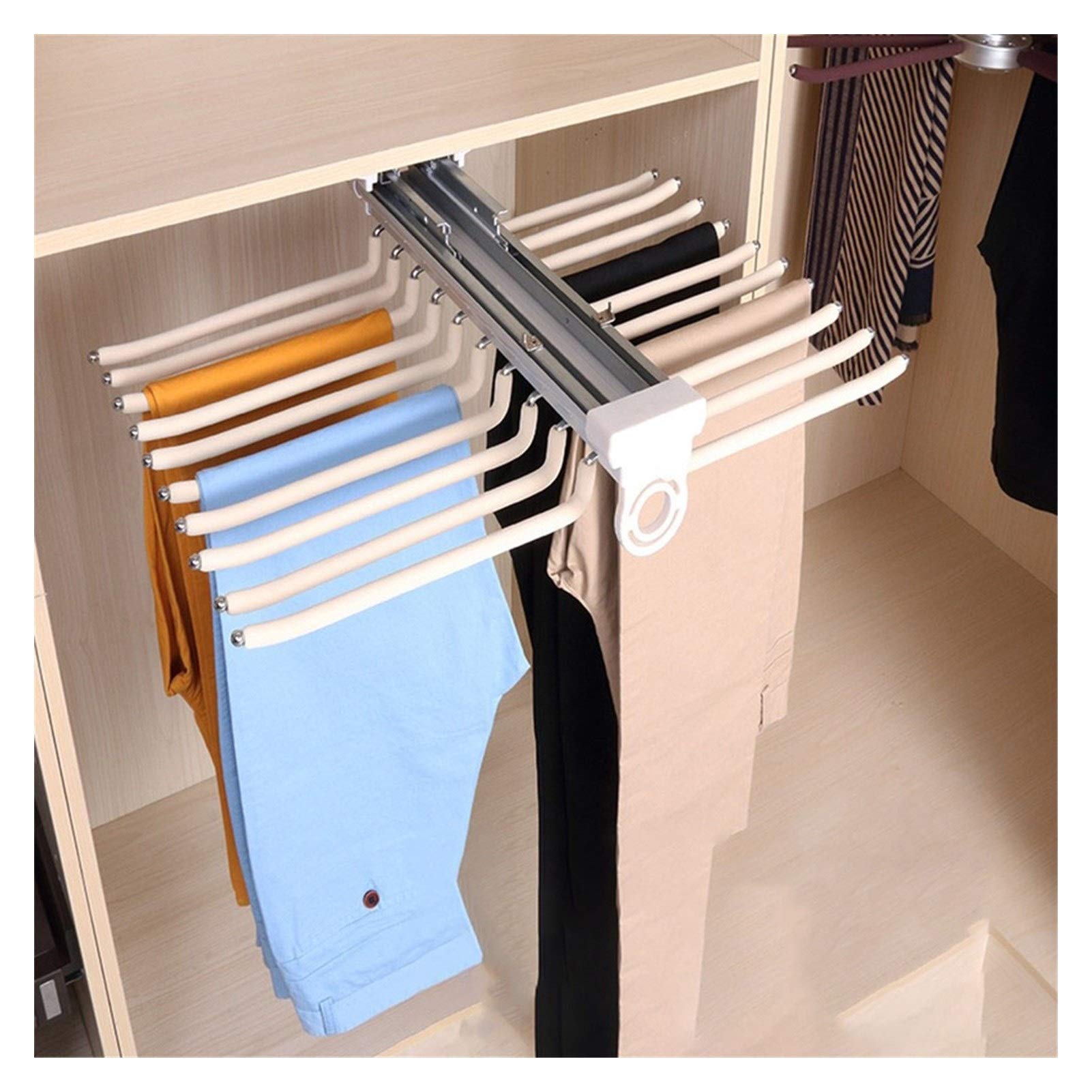 20-Arm Stainless Steel Space Saving Trousers Rack - Pull Out Closet Pants Hanger Organizer for Wardrobe Storage (Beige) | Perfect for Small Closets, Apartments & Dorm Rooms