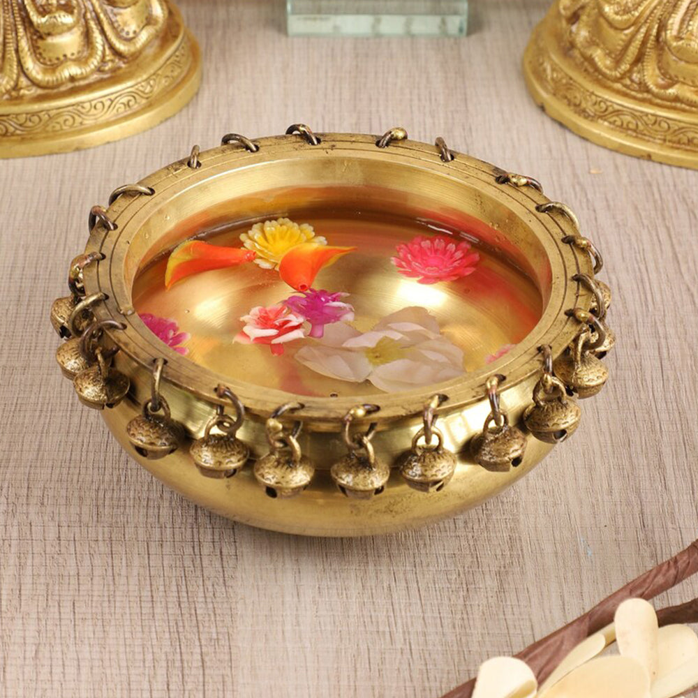 Handcrafted Brass Urli Bowl with Bells - Traditional Indian Decorative Centerpiece for Dining Table, Living Room Corner, or Wedding Decor (Design 3) - Elegant Home Decor Gift for Diwali, Housewarming & Festivals