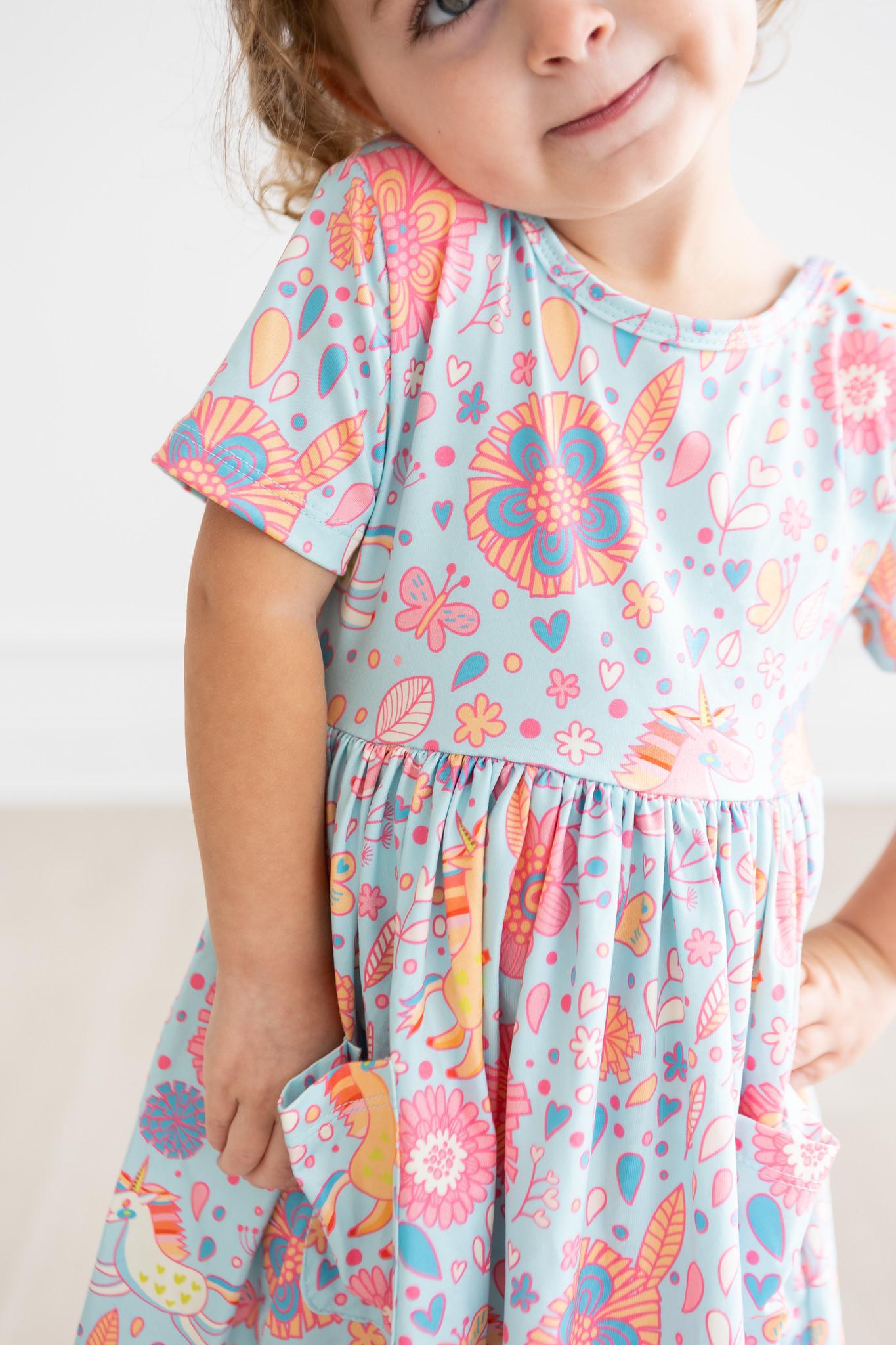 Blue Retro Unicorns Short Sleeve Pocket Twirl Dress for Girls - Perfect for Birthday Parties, Tea Time & Photo Shoots