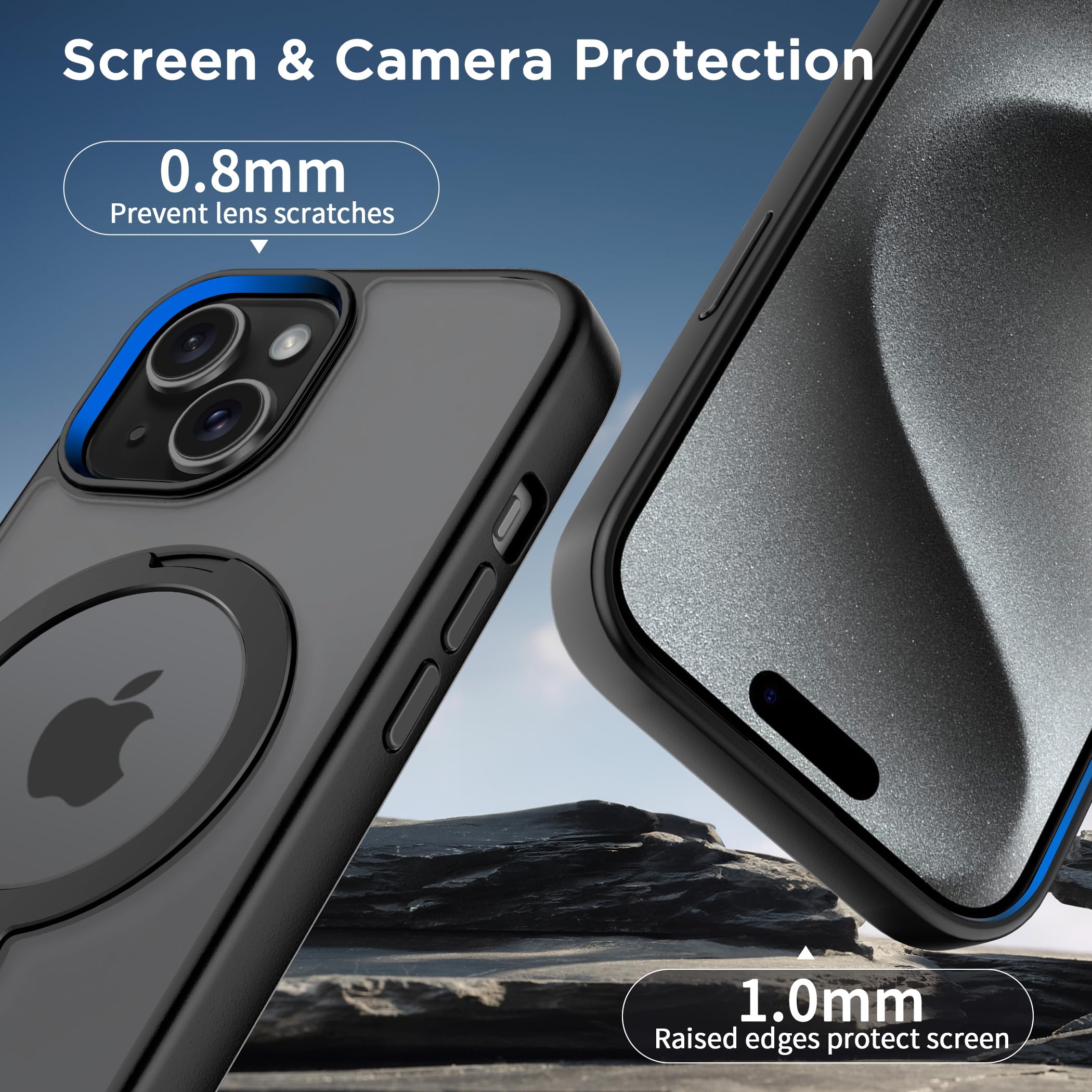 CACOE Magnetic Case for iPhone 15 6.1 Inch - 360° Rotatable Ring Stand & MagSafe Compatible, Matte Black Protective Cover for Desk, Car Mount, Meetings & Video Calls