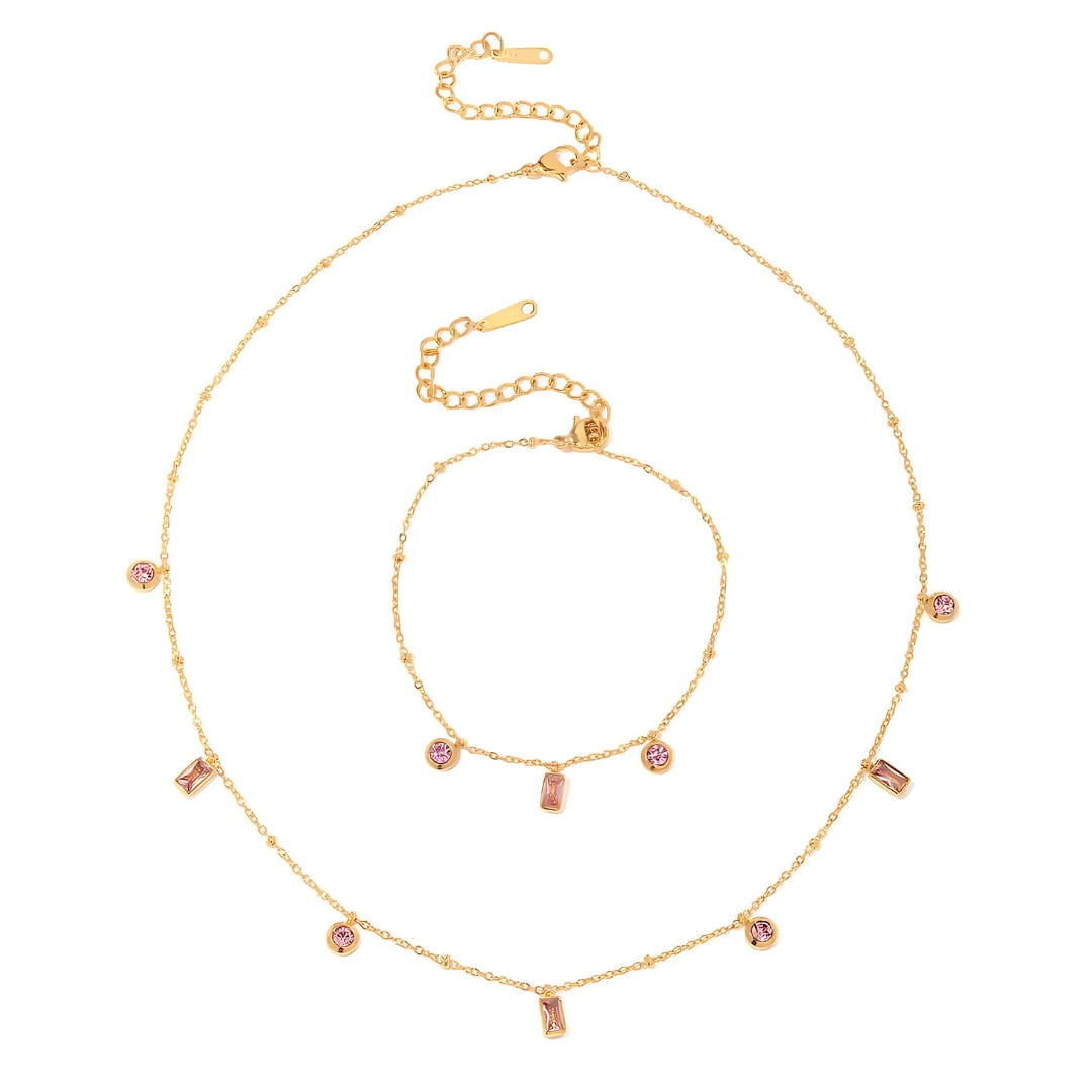 18K Gold Plated Baguette Charm Necklace & Pink Bracelet Set - Elegant Jewelry Gift for Women | Perfect for Valentine's Day, Anniversary & Special Occasions | JDN434