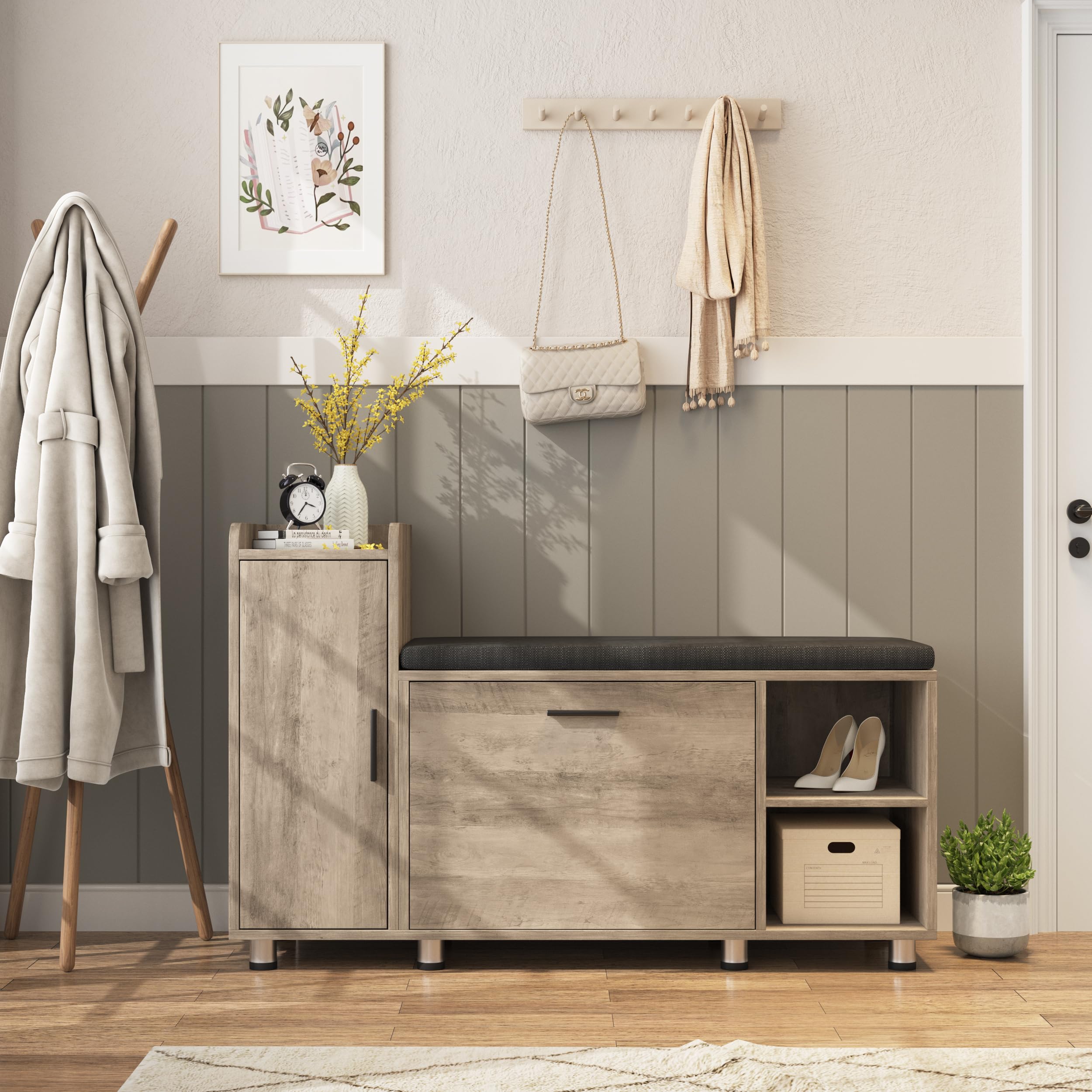 Maupvit Shoe Storage Bench with Flip Drawer Shoe Cabinet - 8 Height Adjustable Metal Feet, Entryway Bench with Removable Seat Cushion - Shoe Organizer for Hallway, Living Room & Bedroom - Washed Gray Modern Entry Furniture