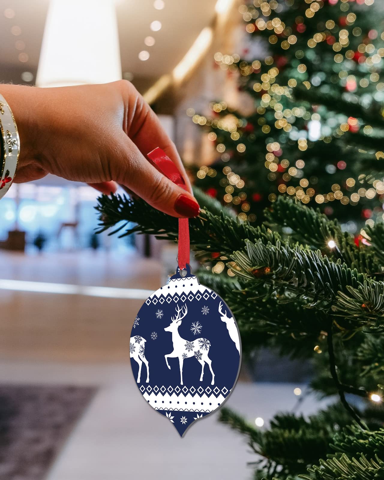 10pcs Christmas Elk Tree Ornaments with Snowflake Blue Backdrop - Round Hanging Decorations for Xmas Holiday Party, Home & Office Decoration - Perfect for Christmas Trees, Gifts, and Festive Celebrations