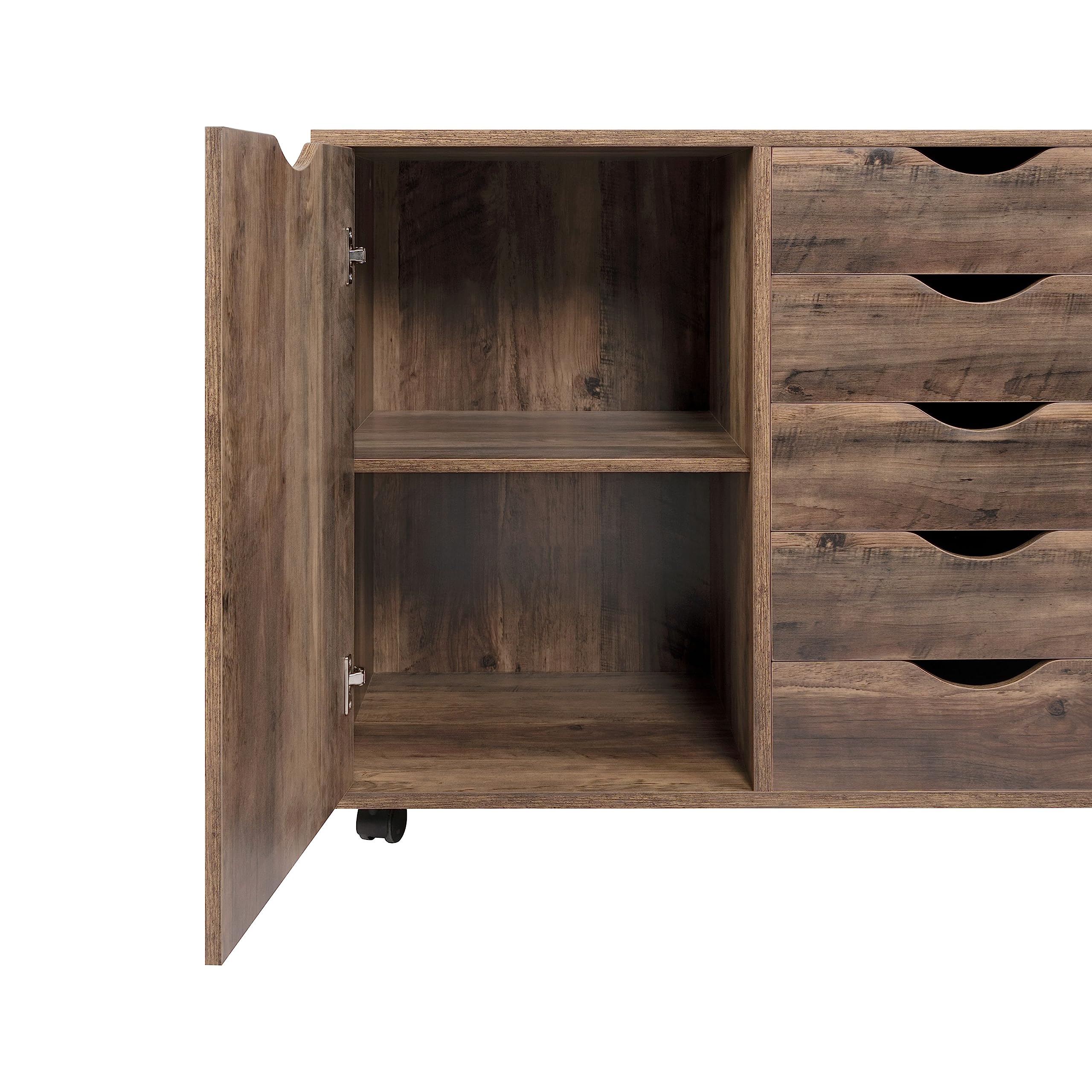 Naomi Home 5-Drawer Office Storage File Cabinet with Shelf & Wheels - Brown Oak, Under Desk Organizer for Home Office, Printer Stand with Storage | Perfect for Small Spaces & Workspace Organization (Model 11369AM)