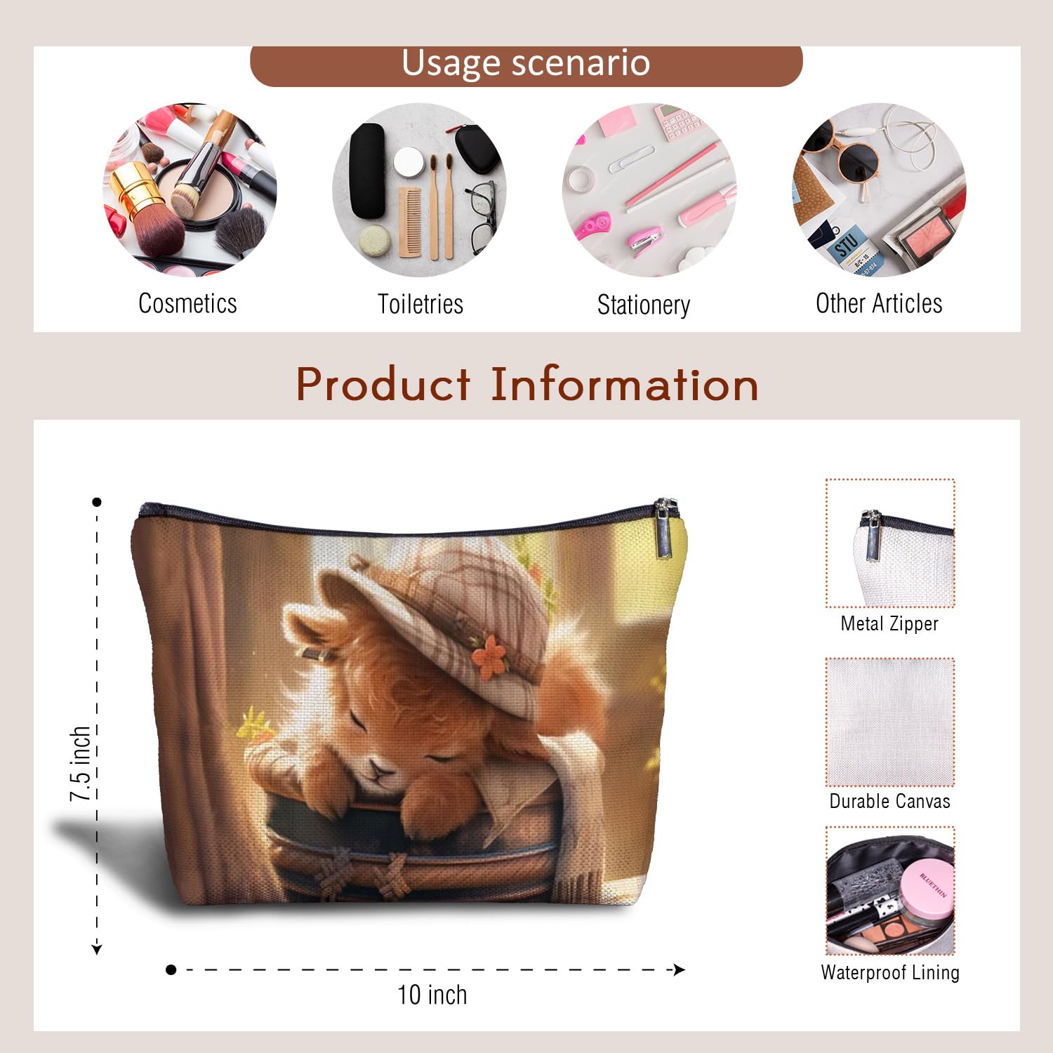 Adorable Highland Cow Makeup Bag - Cute Cow Cosmetic Pouch for Women | Perfect Cow Lover Gift, Western Themed Toiletry Bag for Travel, Gym & Daily Use