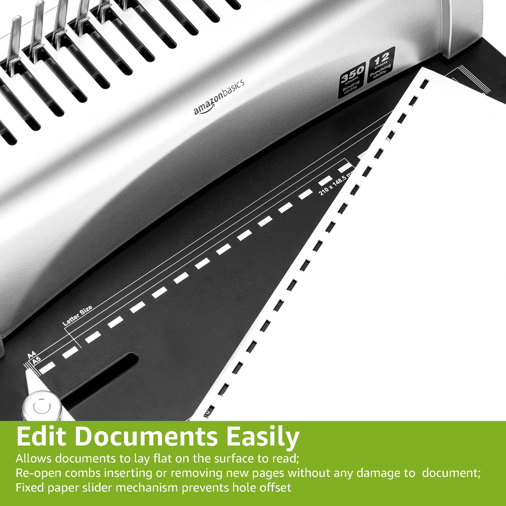 Amazon Basics Comb Binding Machine - 21-Hole, Grey, for Office, School, and Home Document Binding | Perfect for Reports, Presentations, and Booklets