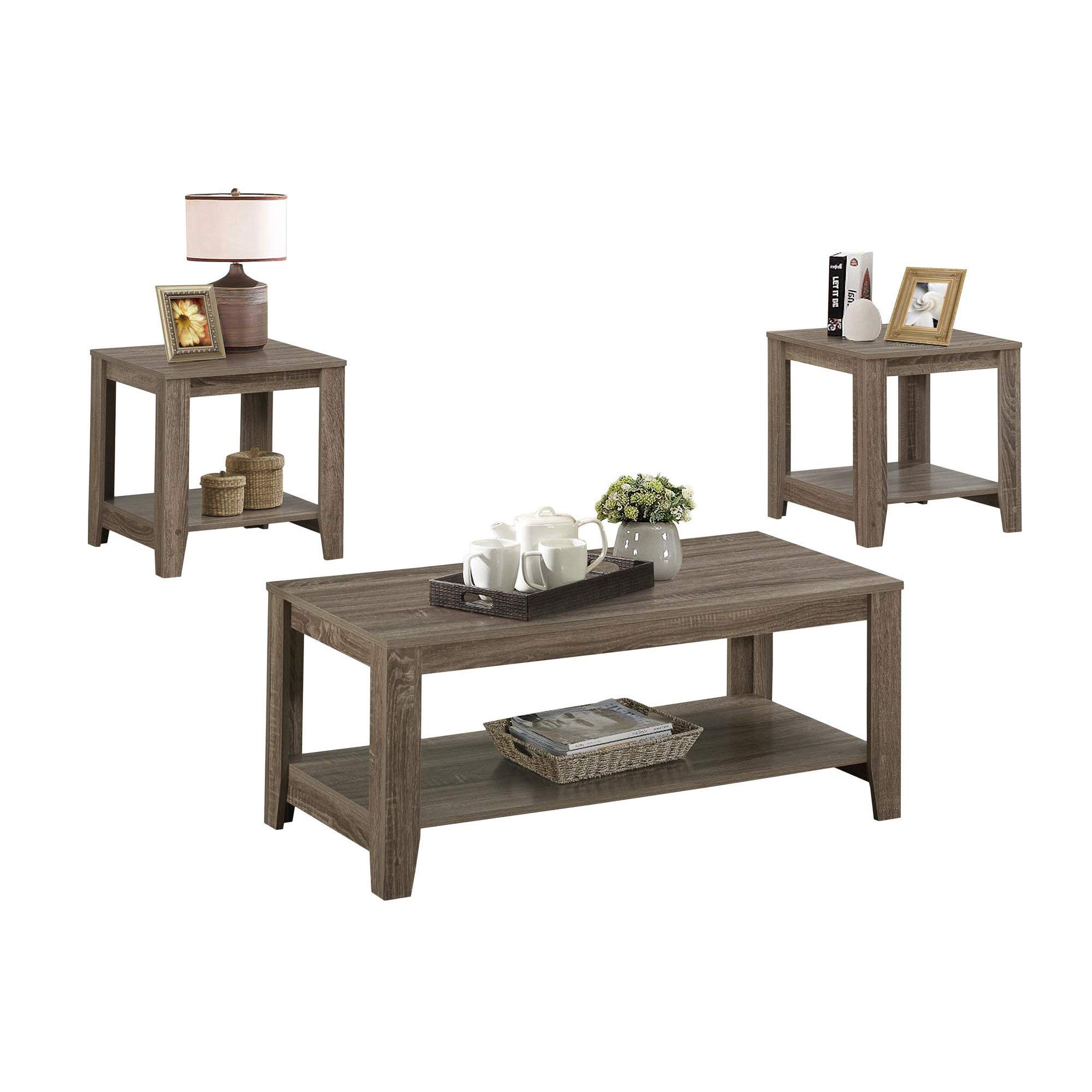 Monarch Specialties I 7914P 3-Piece Table Set - Coffee Table, End Table & Side Table - Brown Laminate Transitional Living Room Furniture for Home Decor & Small Spaces
