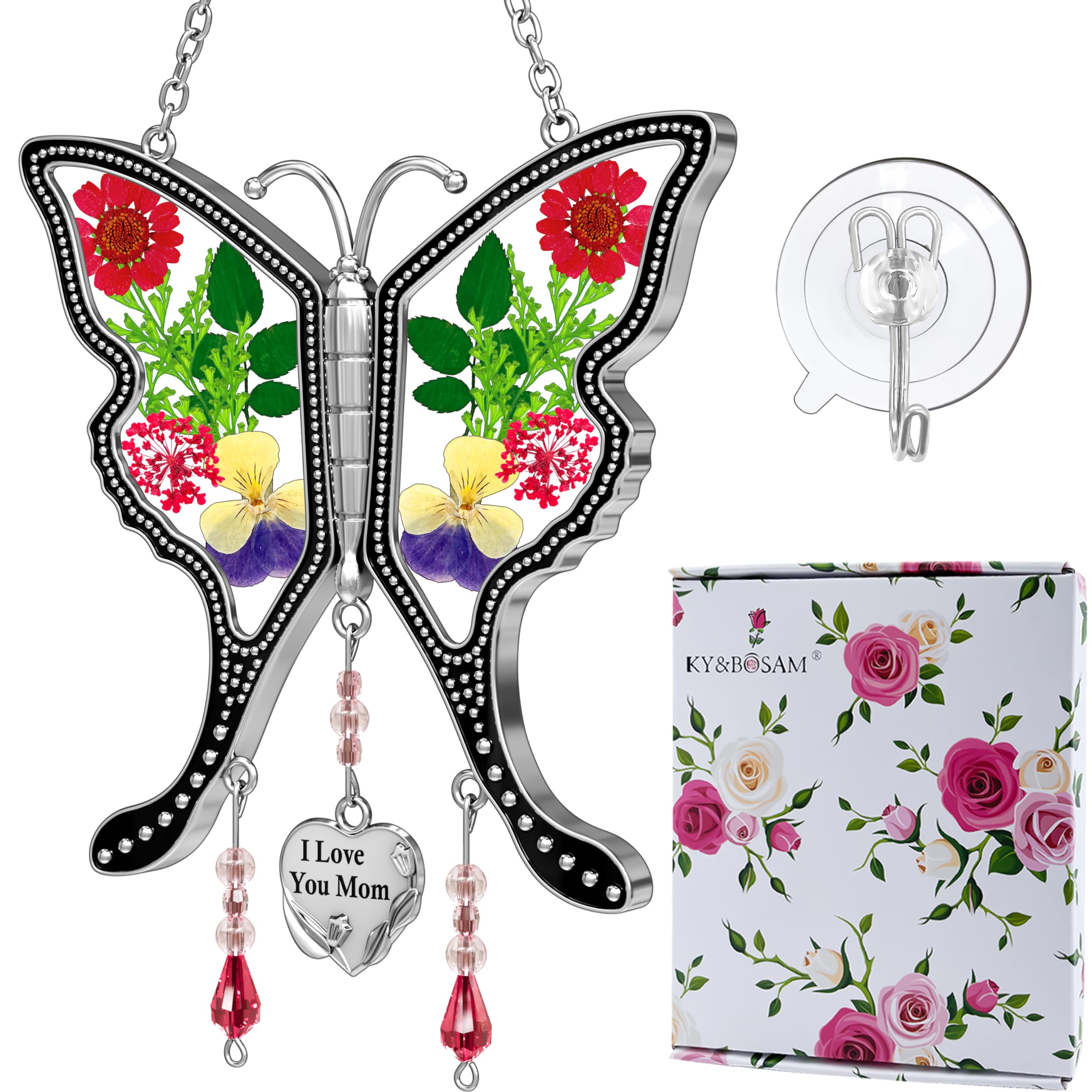 KY&BOSAM Real Flower Pressed Butterfly Suncatcher - Stained Glass with Silver Heart Charm, Unique Mother's Day Gift, Birthday Present for Mom, Valentine's Day Keepsake | Window Decor, Home Garden Ornament, Thoughtful Gift for Wife & Grandma