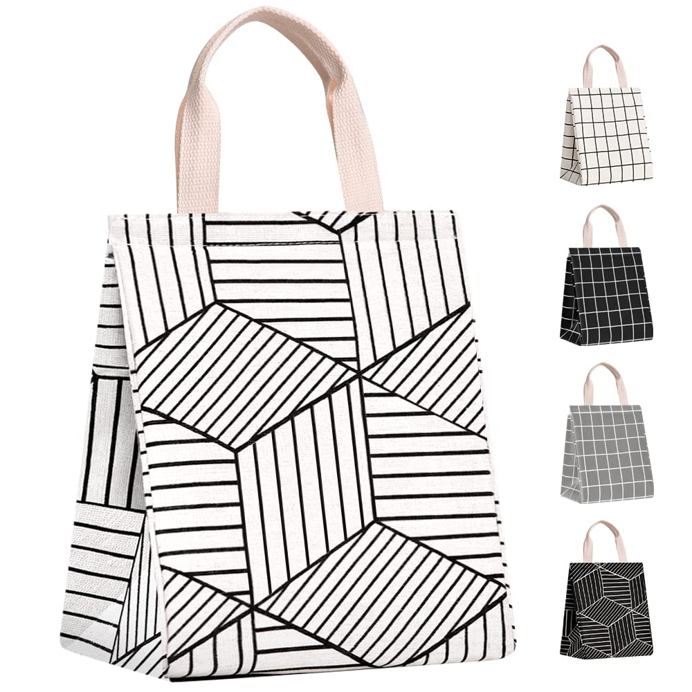 HOMESPON Reusable Insulated Lunch Bag with Aluminum Foil - Eco-Friendly Canvas Lunch Box for Women & Men - Office, School, Picnic & Travel - Geometric White Design