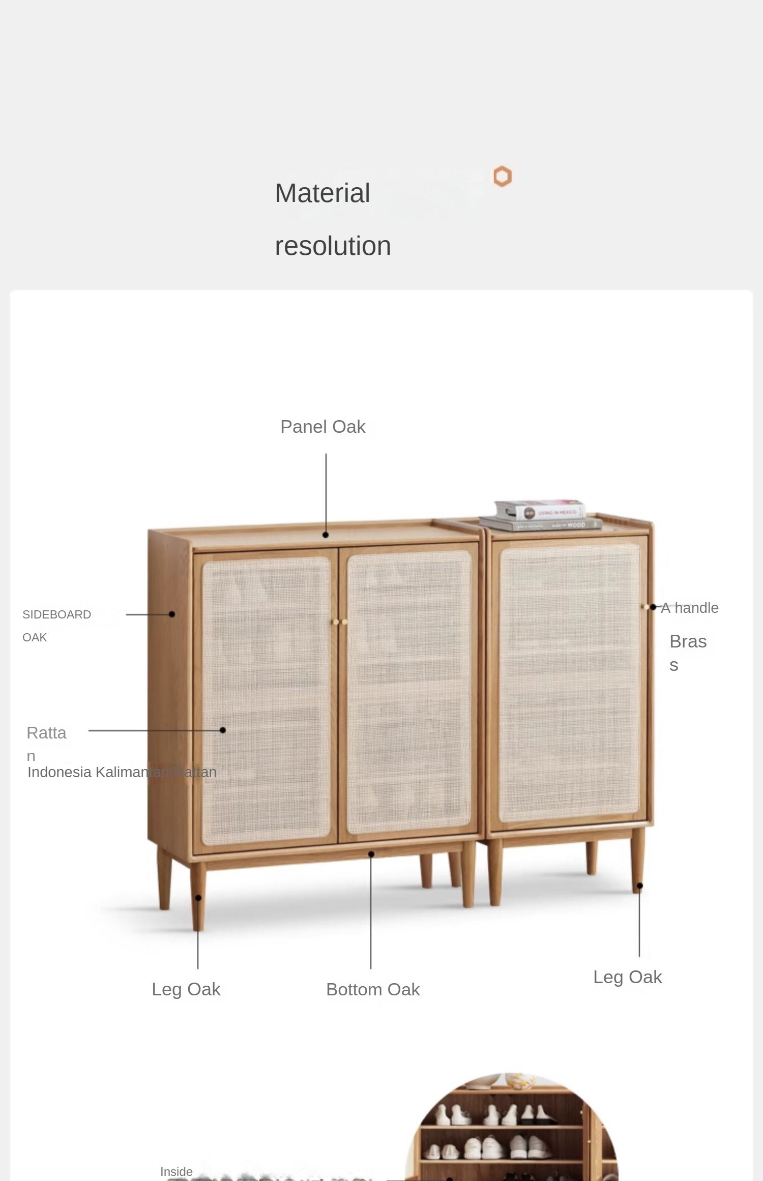 Solid Oak Wood Shoe Storage Cabinet with Rattan Doors - Organize Shoes Neatly in Entryway, Bedroom or Closet