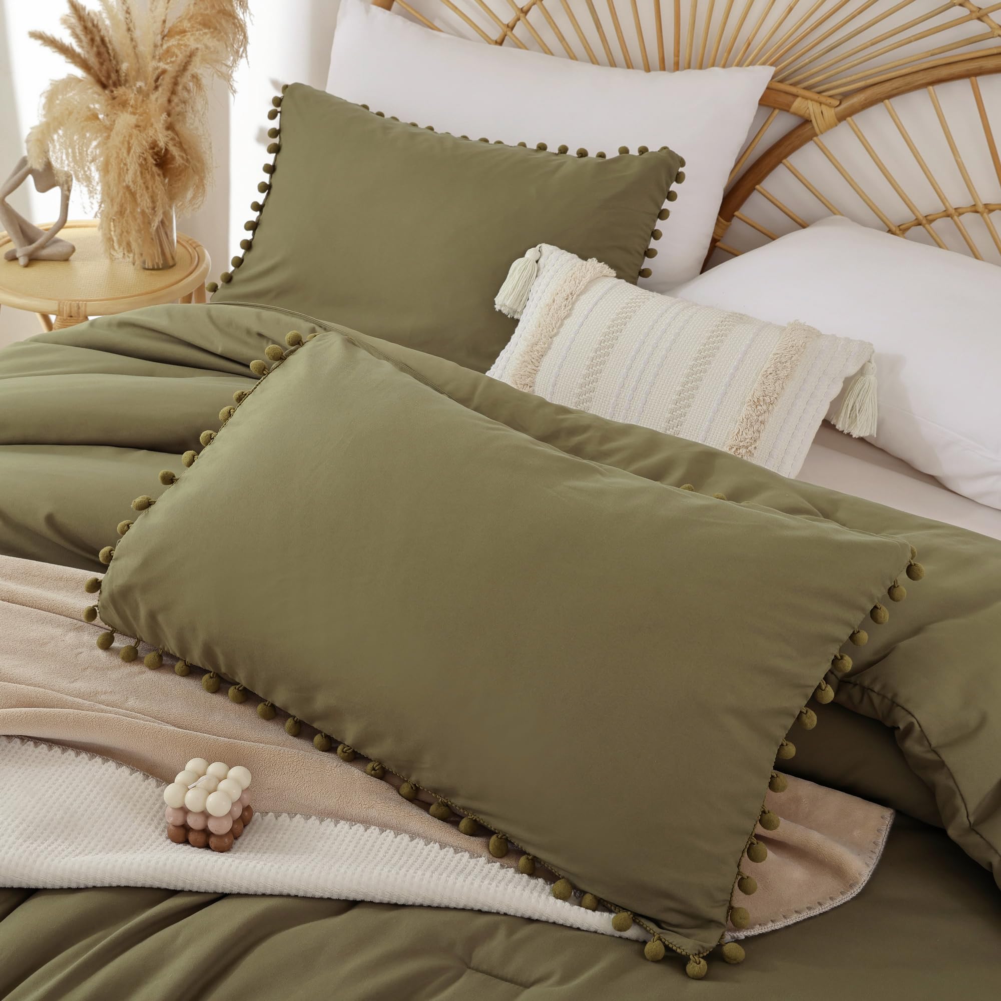 Queen Comforter Set with Pom Fringe - 3pc Soft Bedding for All Seasons in Olive Green | Cozy Home Decor