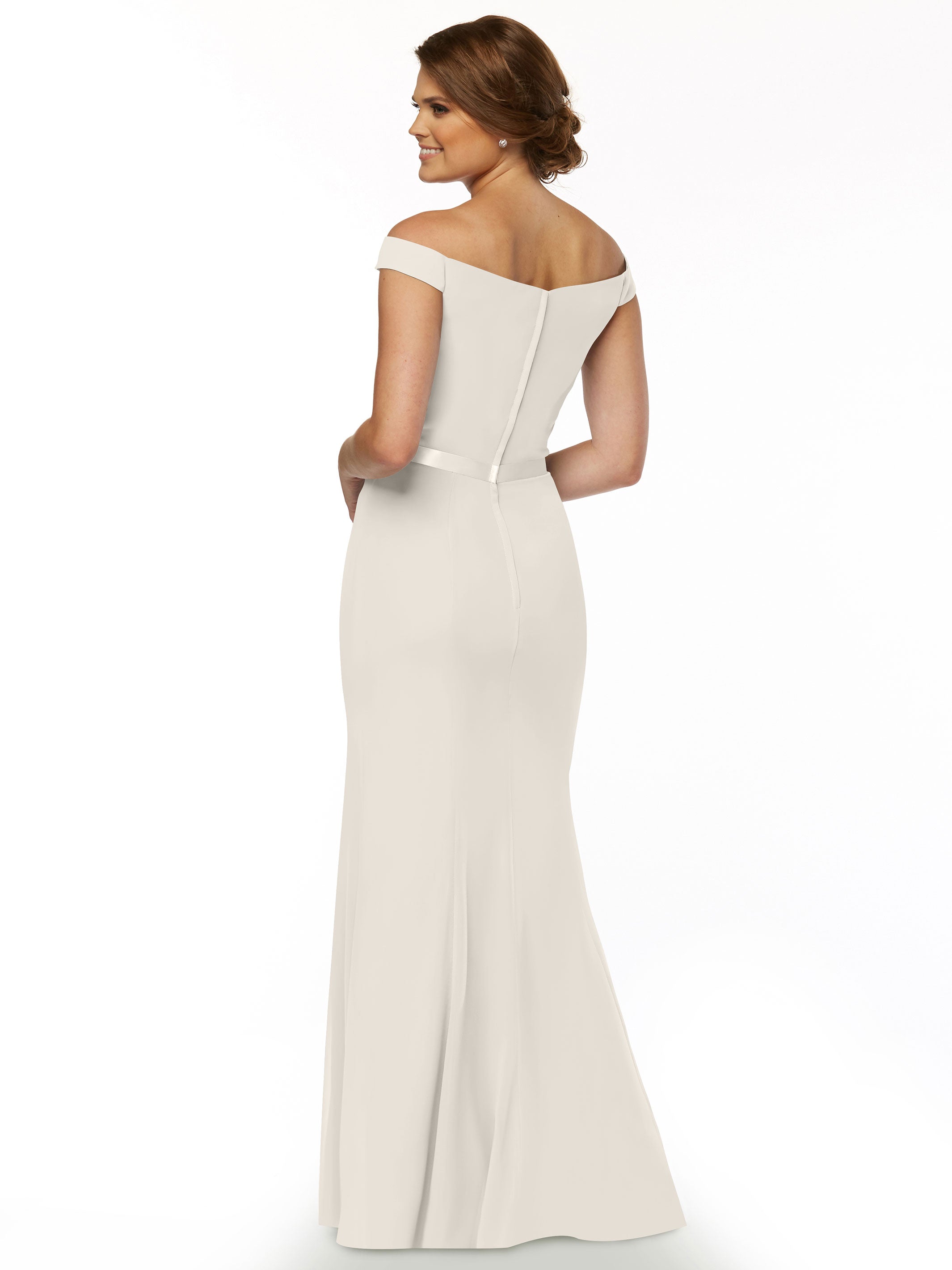 Elegant Off-the-Shoulder Chiffon Bridesmaid Dress with Ribbon Belt - Flattering Fit & Flare Design for Weddings, Parties & Special Occasions