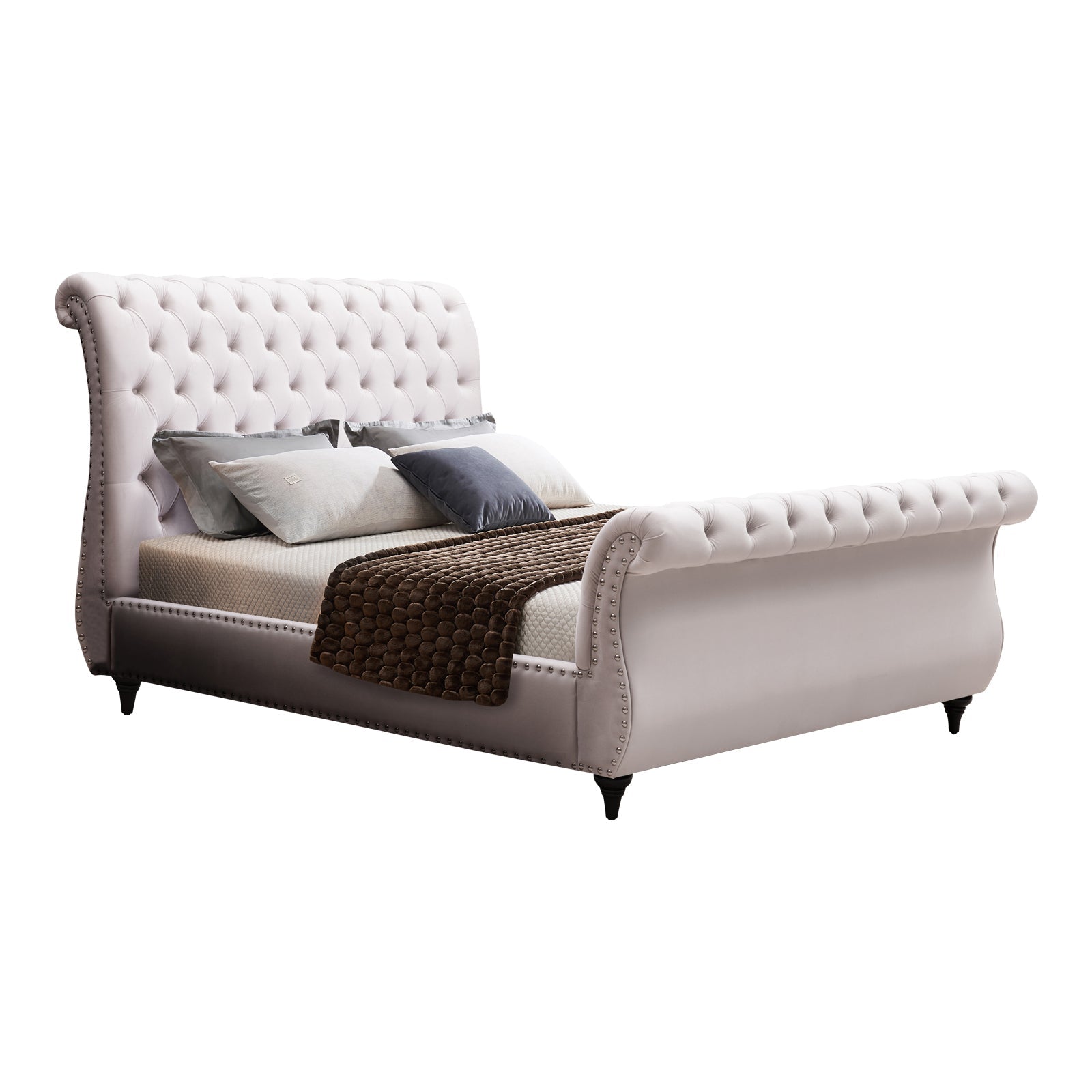 Luxe Royal Sleigh Queen Size Bed Frame with Beige Velvet Upholstery - Elegant Bedroom Furniture for Master Suite & Guest Room Decor