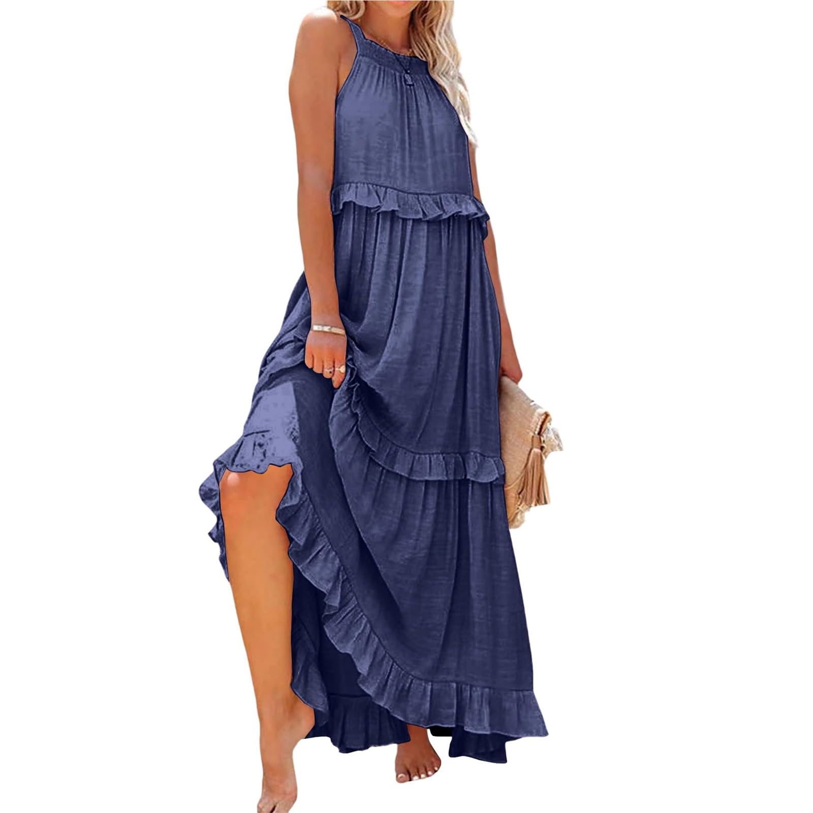 Women's Summer Casual Sleeveless Halter Neck Tiered Beach Dress - Flowy Swing Maxi Dress with Pockets for Beach Vacation, Pool Party & Outdoor Date