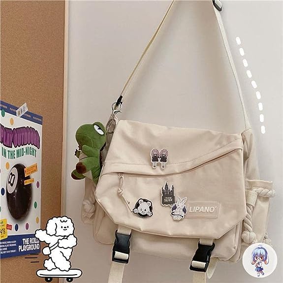 Stylish Japanese Kawaii Nylon Crossbody Bag with Decorative Pins - Unisex Shoulder Messenger Purse for Women & Men | Perfect for Daily Use, Travel, and Anime Conventions