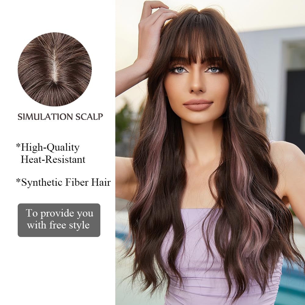Stylish Brown Wig with Pink Highlights for Women - Perfect for Cosplay, Halloween, and Daily Fashion