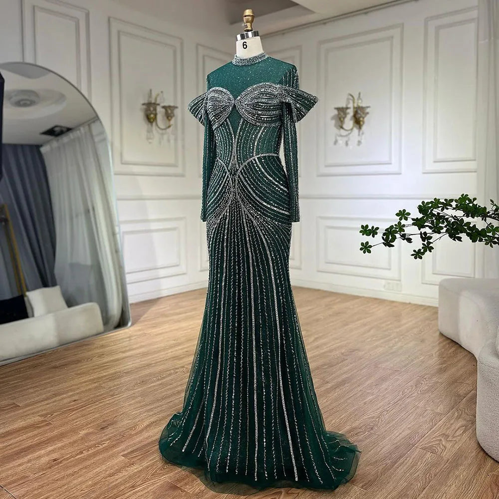 Elegant Beaded Mermaid Evening Gown for Women - Luxury Dubai Style Muslim Wedding Dress | Serene Hill Green Formal Gown for Special Occasions, Parties & Bridal Events 2025 | LA72547