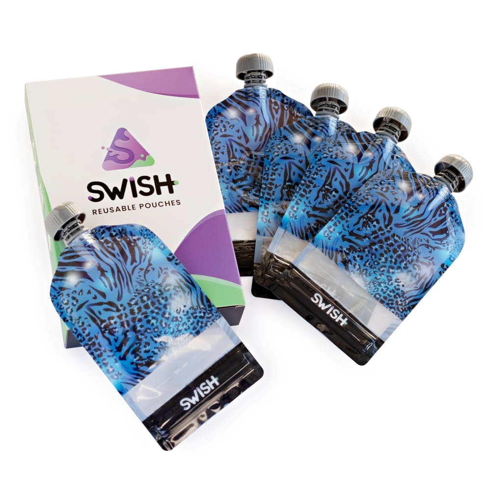 Swish Reusable Food Pouches 140ml (5 Pack) - BPA-Free, Leak-Proof Baby Food Storage Containers with Animal Print Design | Perfect for Baby Puree, Smoothies & On-the-Go Snacks