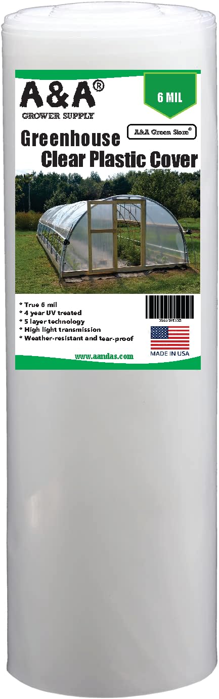 **A&A Green Store 4-Year 6 mil UV-Resistant Clear Greenhouse Plastic Film (25' x 40') – Durable Polyethylene Cover for Plant Protection & Gardening**    *Use Cases: Ideal for greenhouses, garden beds, plant shelters, and DIY gardening projects to extend growing seasons and protect plants from harsh weather.*