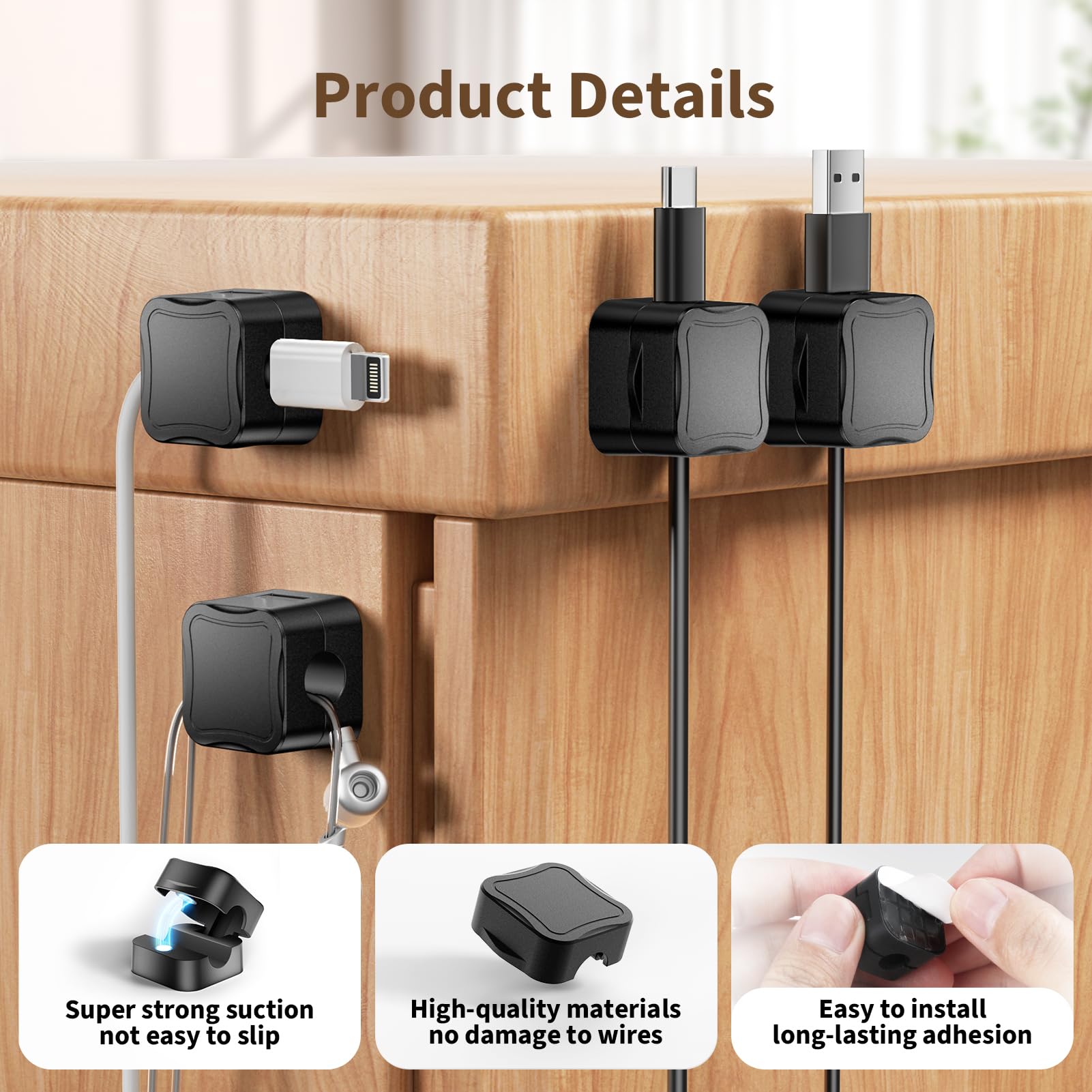 GlasFlength 6-Piece Magnetic Cable Clips with Self-Adhesive Backing - Cable Management Organizer for Charger, Table, Nightstand & Kitchen (Black) - Perfect for Home, Office & Travel Use