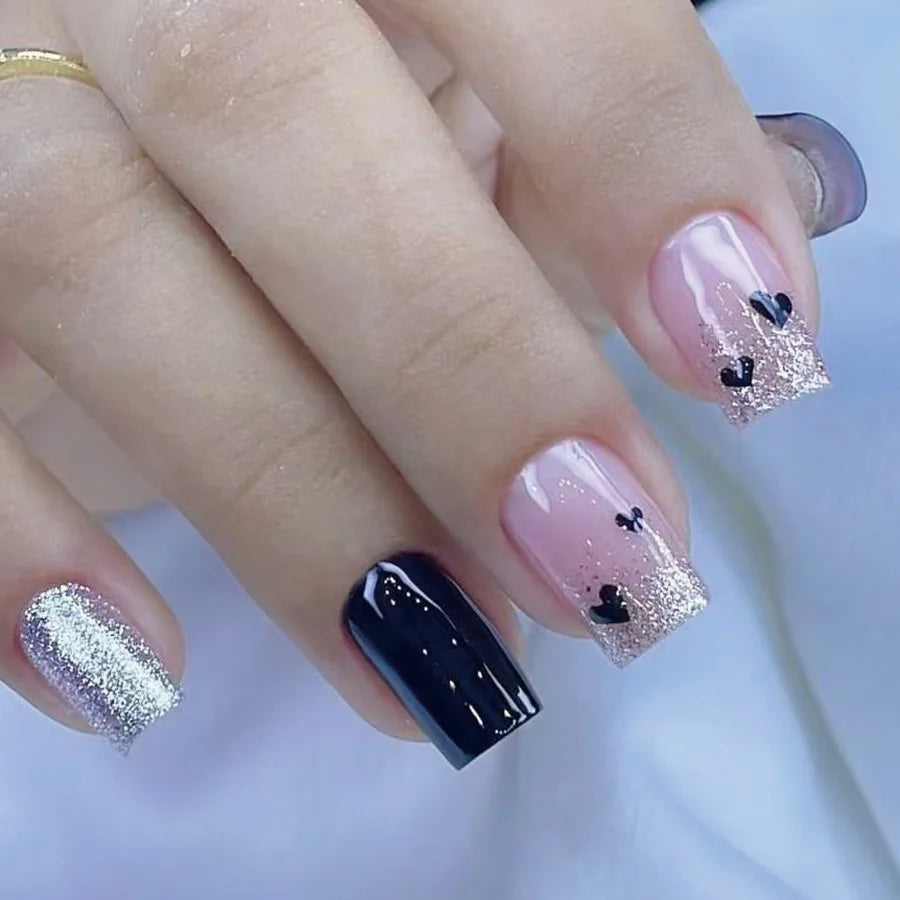 24Pcs Short Glitter Press on Nails - Black & Red Valentine's Day Fake Nails with Full Cover French Tip | Perfect for Parties, Date Nights & Special Occasions