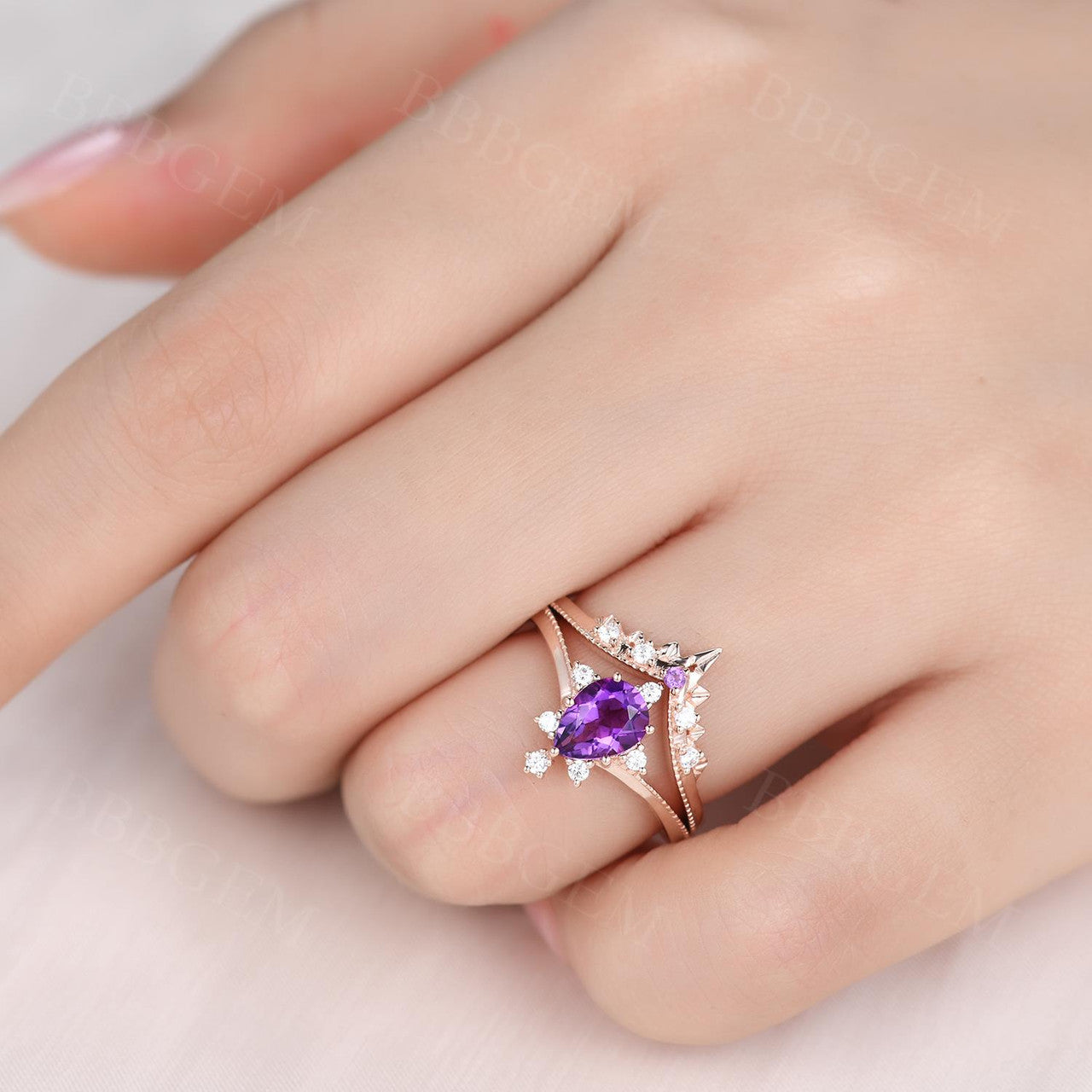 Natural Amethyst Purple Crystal Ring Set - 2 Piece Pear Cut Wedding Band for Women, Elegant Gemstone Jewelry Gift for Brides, Anniversary & Special Occasions