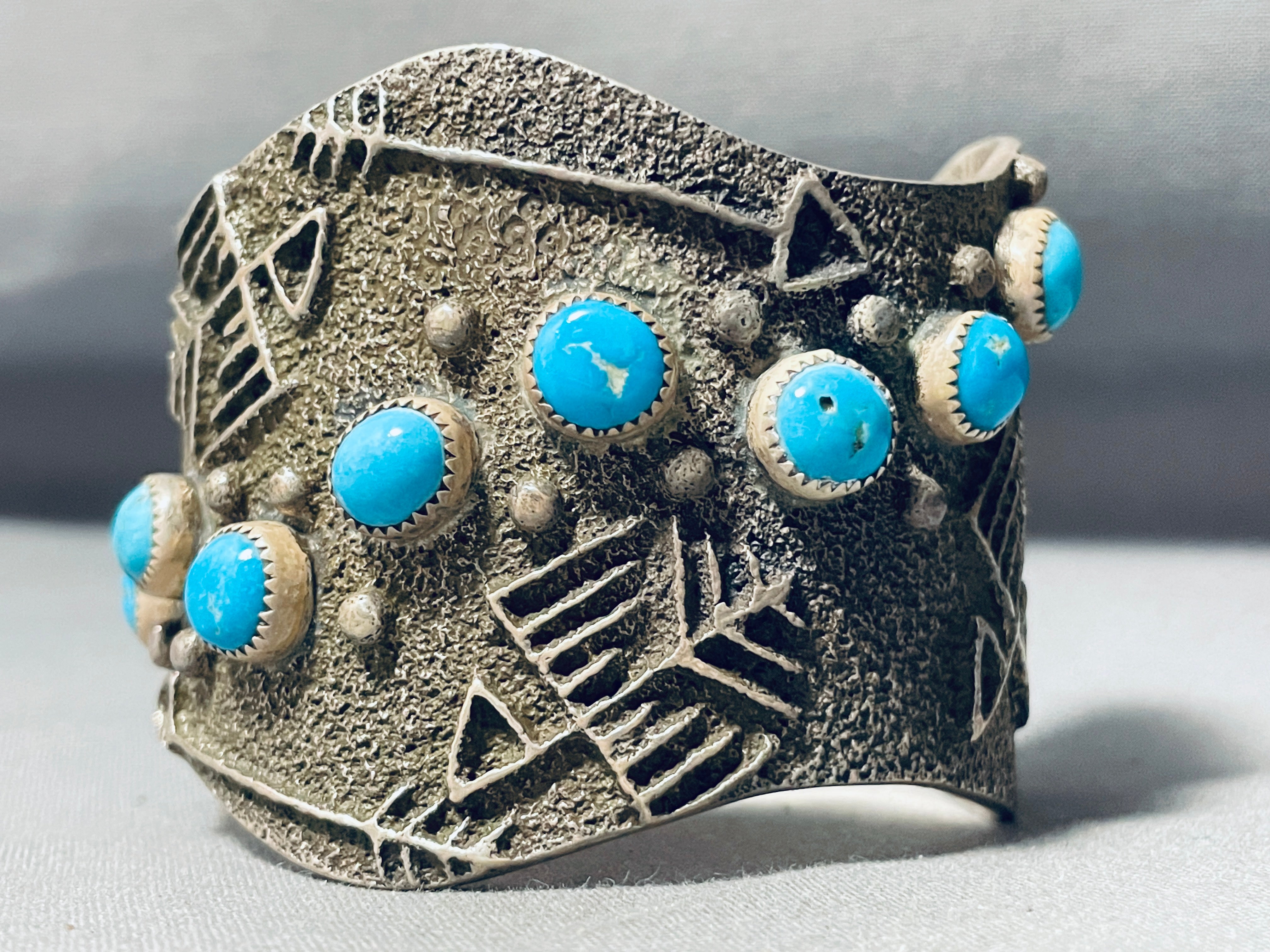 Authentic Native American Navajo Turquoise Sterling Silver Heavy Cuff Bracelet with Ancient Petroglyph Designs - Perfect for Boho Fashion, Western Wear & Spiritual Jewelry Collection