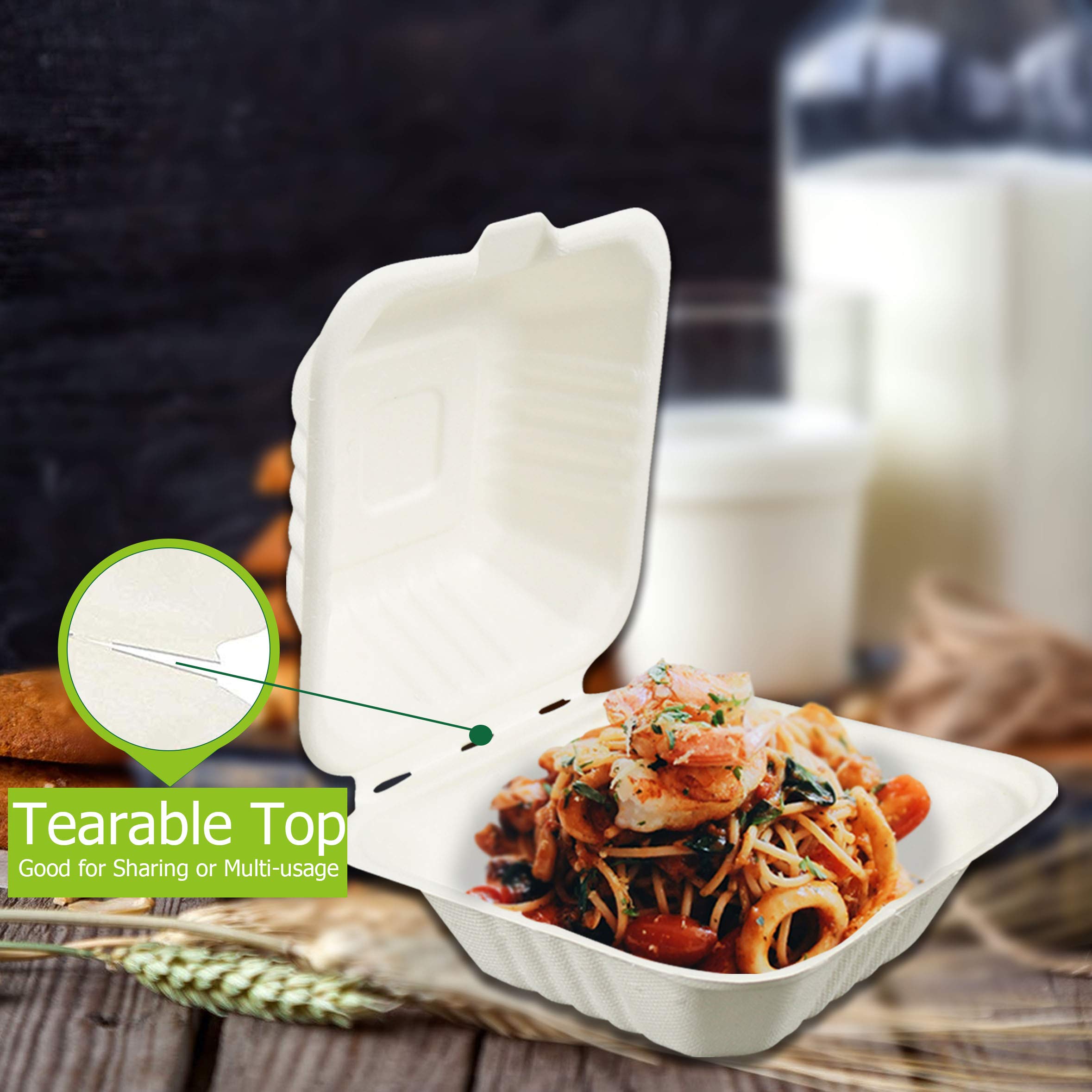 Eco-Friendly 6-inch 500-Count Compostable Clamshell Food Containers - Natural Bagasse (Sugarcane Fiber) Biodegradable Take-Out Boxes with Hinged Lid, Microwave Safe & Gluten-Free | Perfect for Restaurants, Catering, Meal Prep & Sustainable Food Packaging