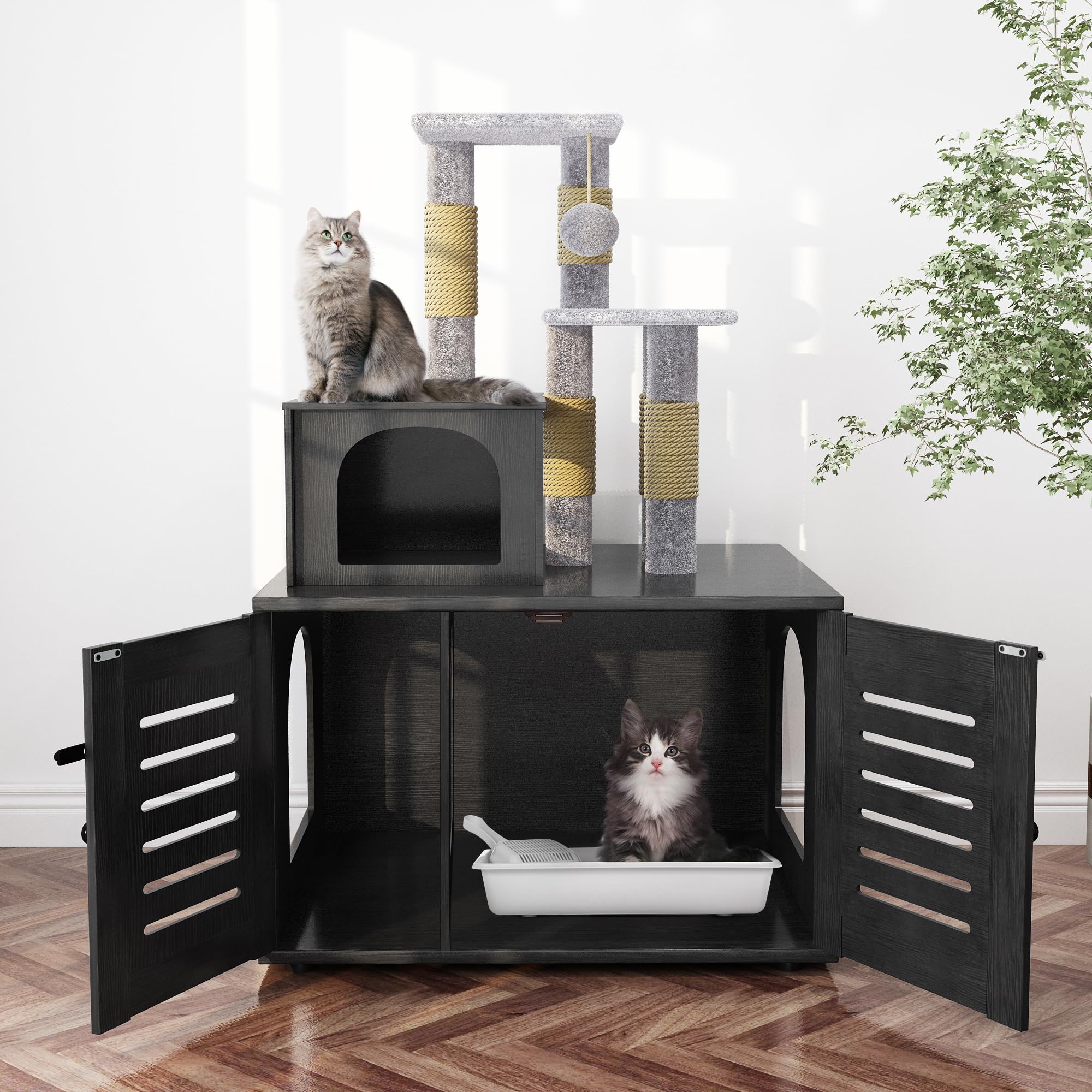 DKLGG Large Wooden Cat Tree with Hidden Litter Box Enclosure - Multi-Level Cat House with Sisal Scratching Post, Plush Perch & Washroom Divider - Perfect for Indoor Cats & Small Spaces