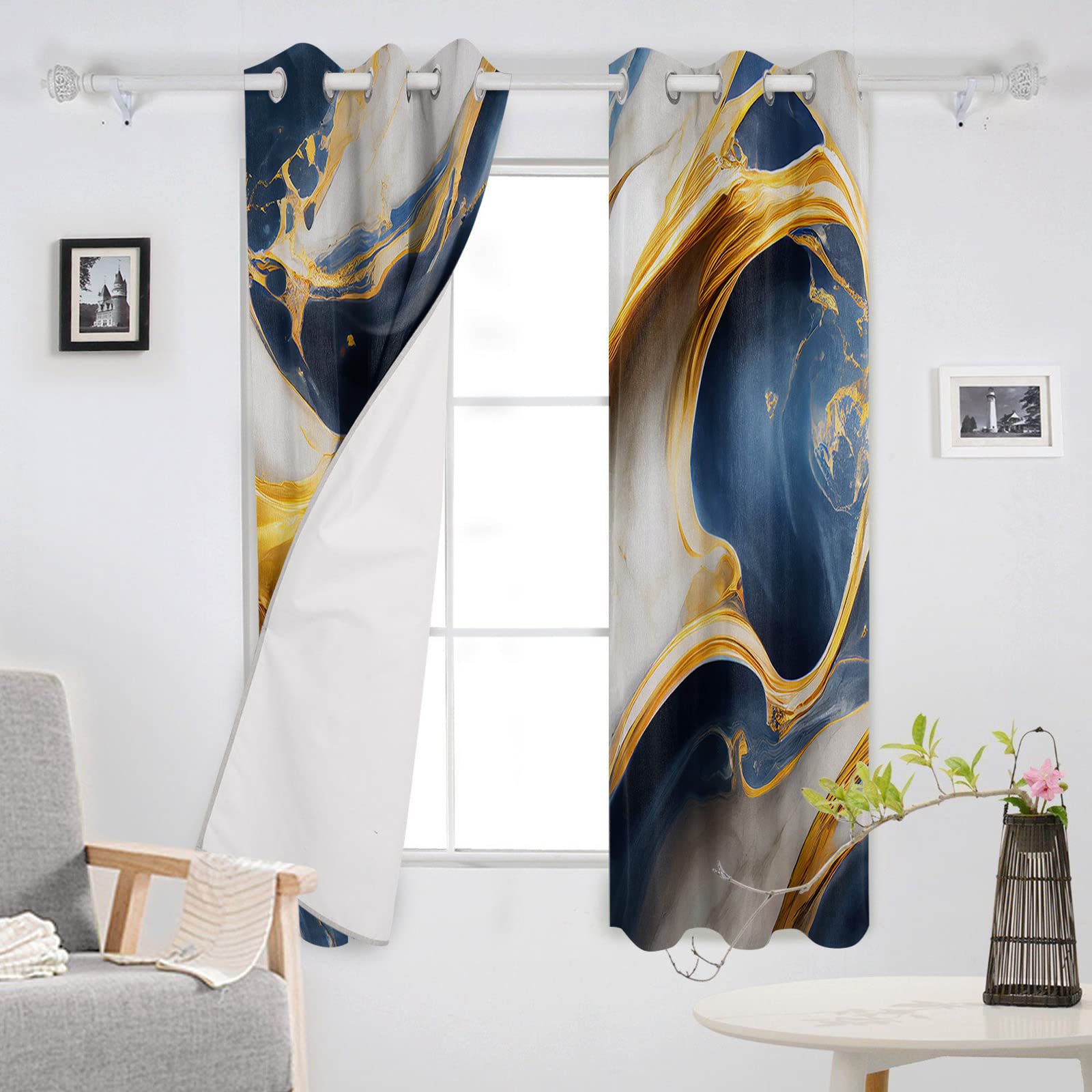 Abstract Navy Blue & Mustard Yellow Marble Swirl Blackout Curtains - Thermal Insulated Room Darkening Drapes for Living Room & Bedroom (2 Panels, 52x84 Inches) - Perfect for Home Decor, Privacy & Energy Efficiency