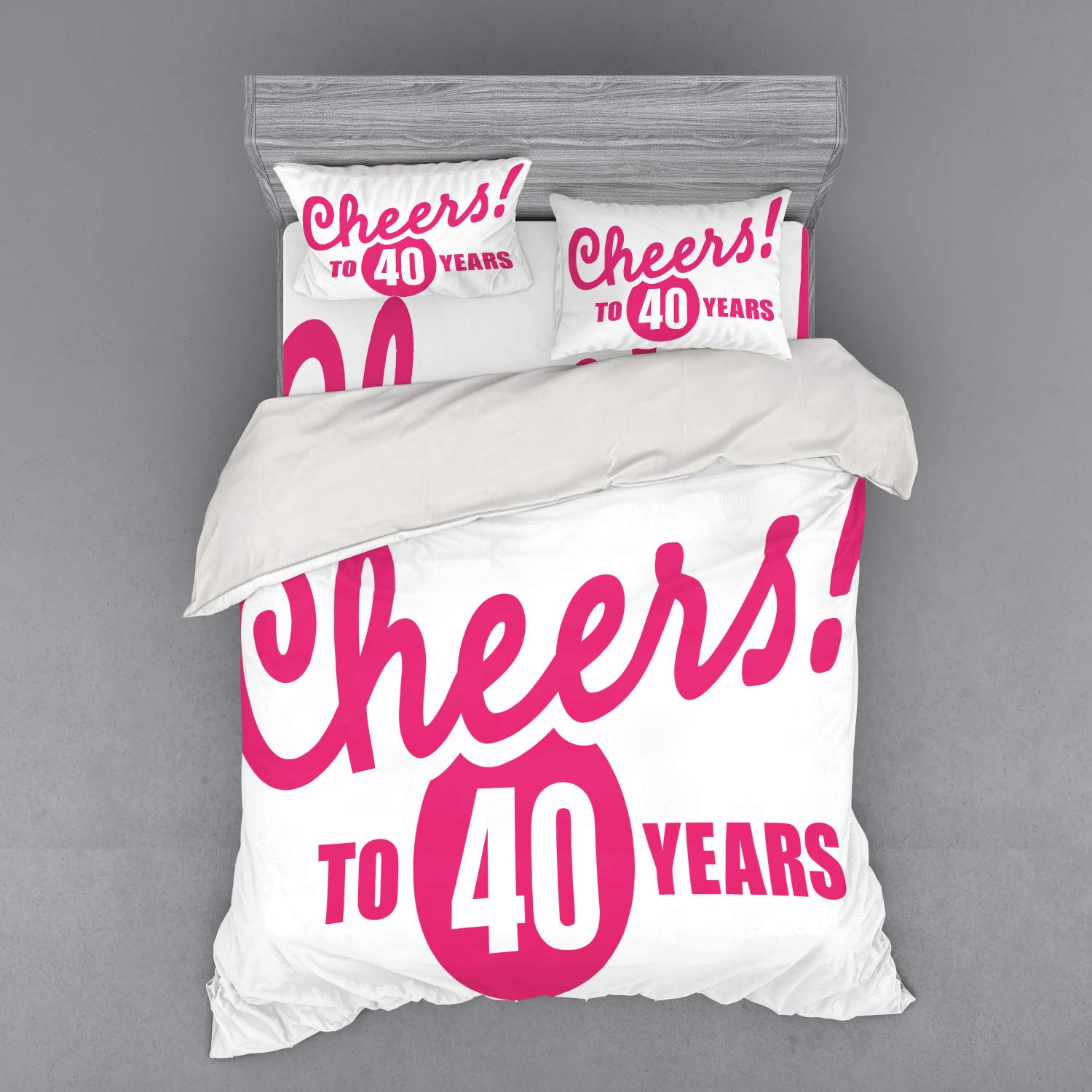 Ambesonne 40th Birthday Duvet Cover Set - Cheerful Hot Pink & White 4-Piece Queen Bedding Set with Shams & Fitted Sheet - Perfect for Birthday Celebrations & Bedroom Decor
