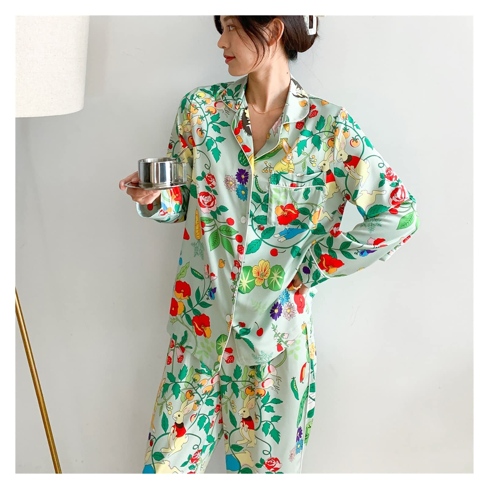 Women's Satin Print Sleepwear Set - 2-Piece Long Sleeve Pajama Suit with Loose Trousers | Soft Silk Nightwear for Home & Lounge | Comfortable Sleepwear for Women (Color: A, Size: S) - Perfect for Relaxing Evenings, Cozy Nights & Gift Giving