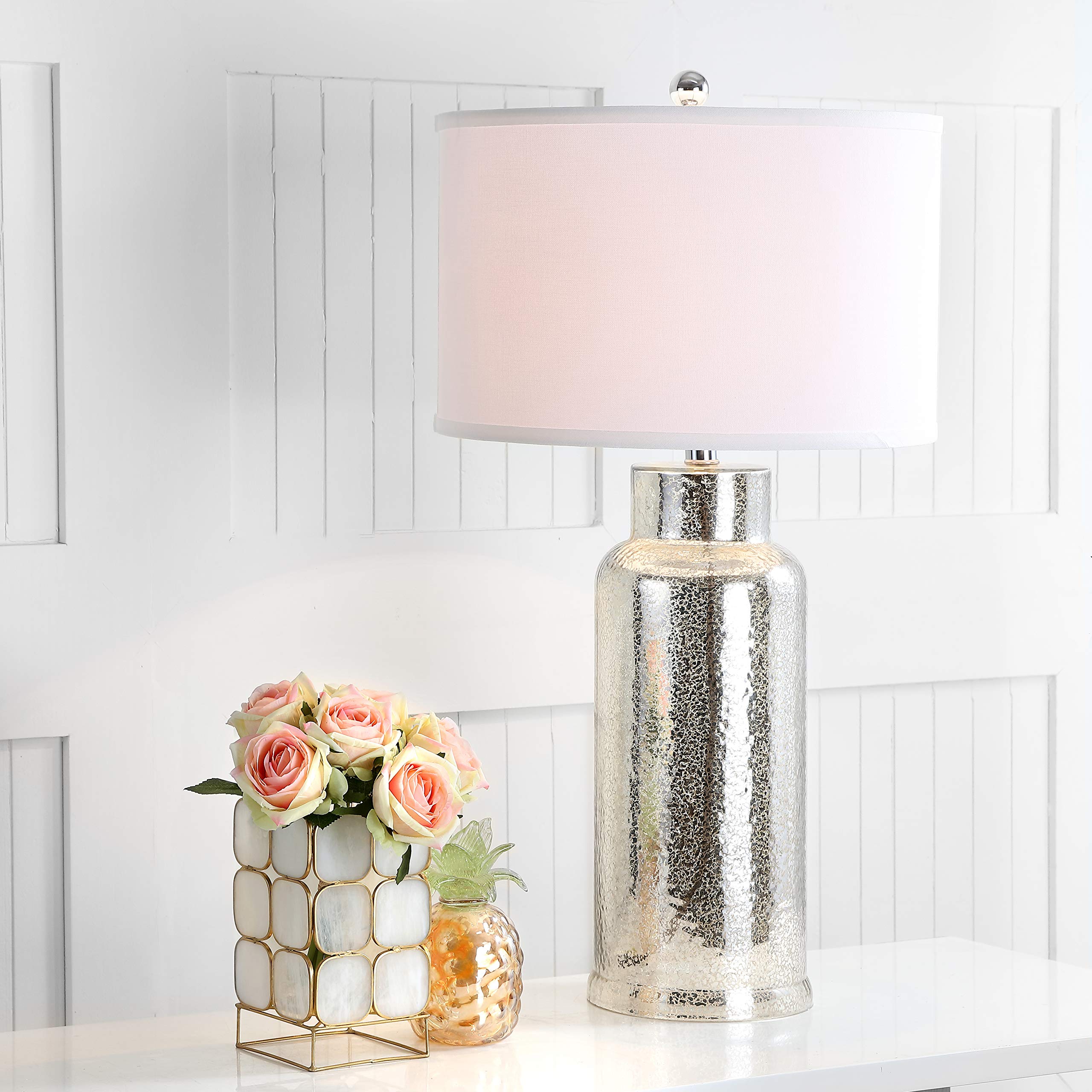 SAFAVIEH 30-inch Silver Glass Bottle Table Lamp Set of 2 with LED Bulbs - Modern Bedside Lighting for Bedroom, Living Room & Home Office - Perfect for Nightstands, Desks and Cozy Reading Nooks