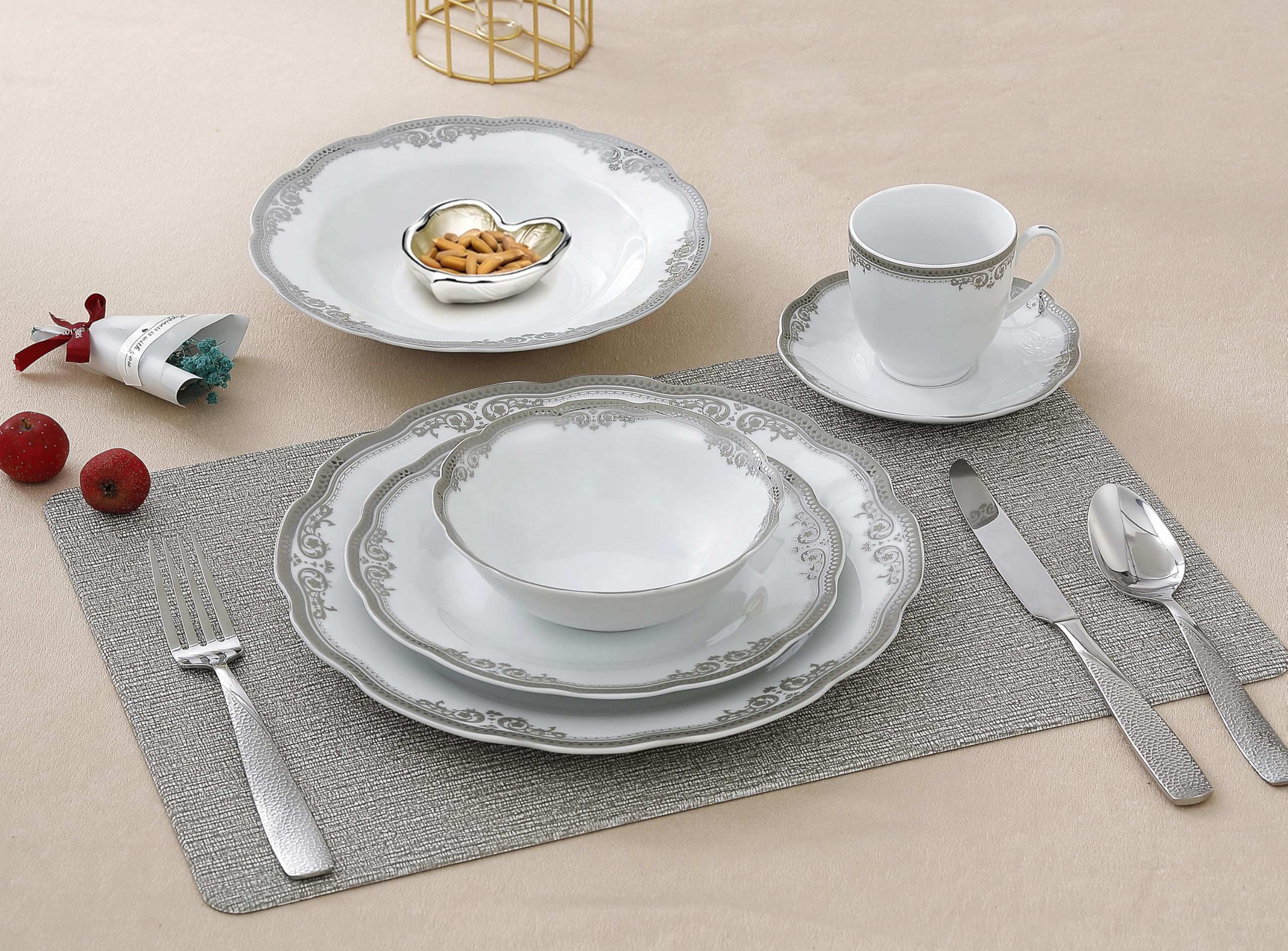 Lorenzo Import Elizabeth 57-Piece Wavy Porcelain Dinnerware Set - Elegant Dinner Plates, Bowls & Cups for Formal Dining, Wedding, Restaurant & Home Use