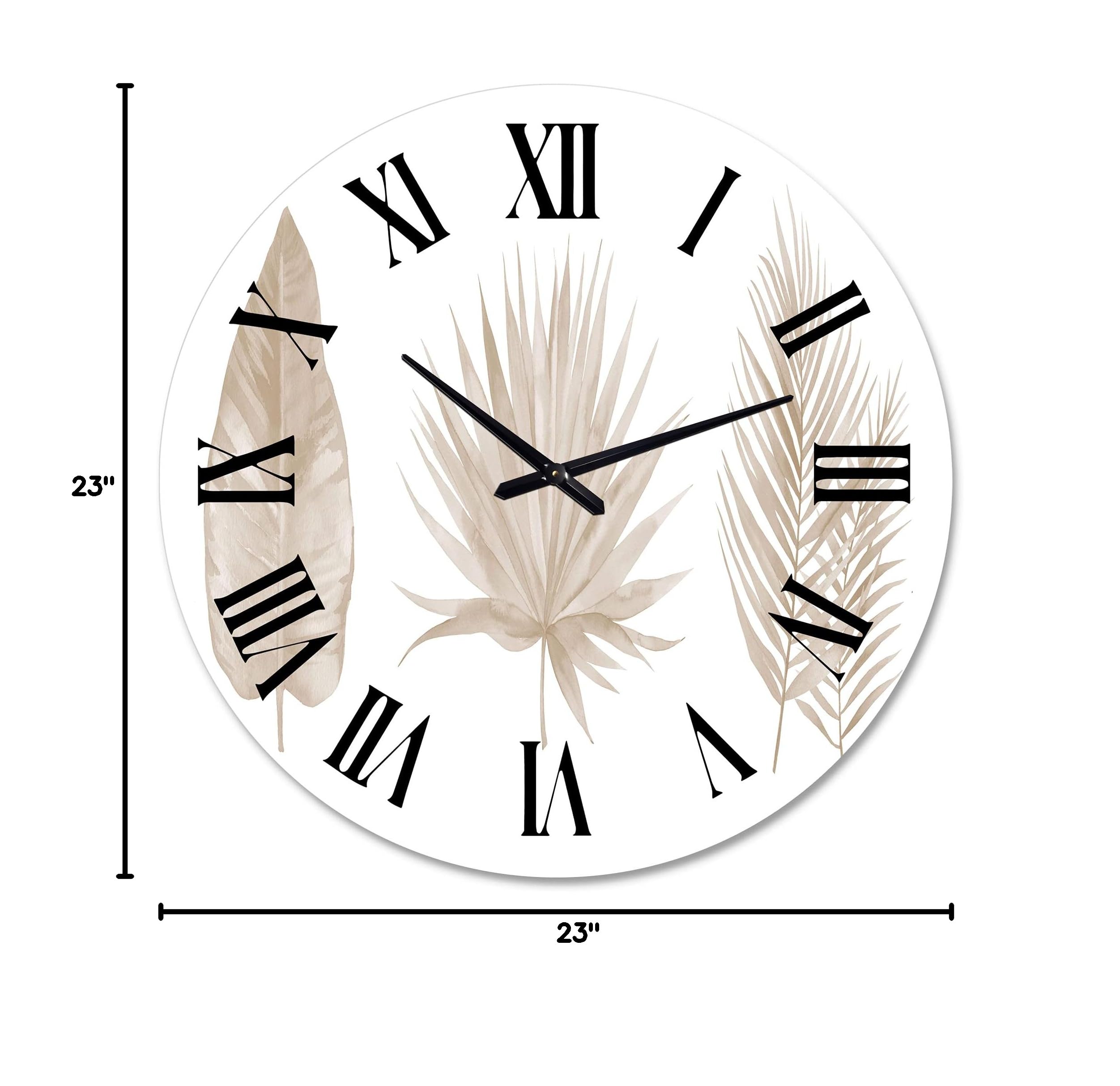 DesignQ Traditional Wall Clock 'Tropical Beige Leaves' - Large Floral Botanical Wall Clock for Bedroom, Living Room & Office Decor - Perfect for Home, Office & Interior Design