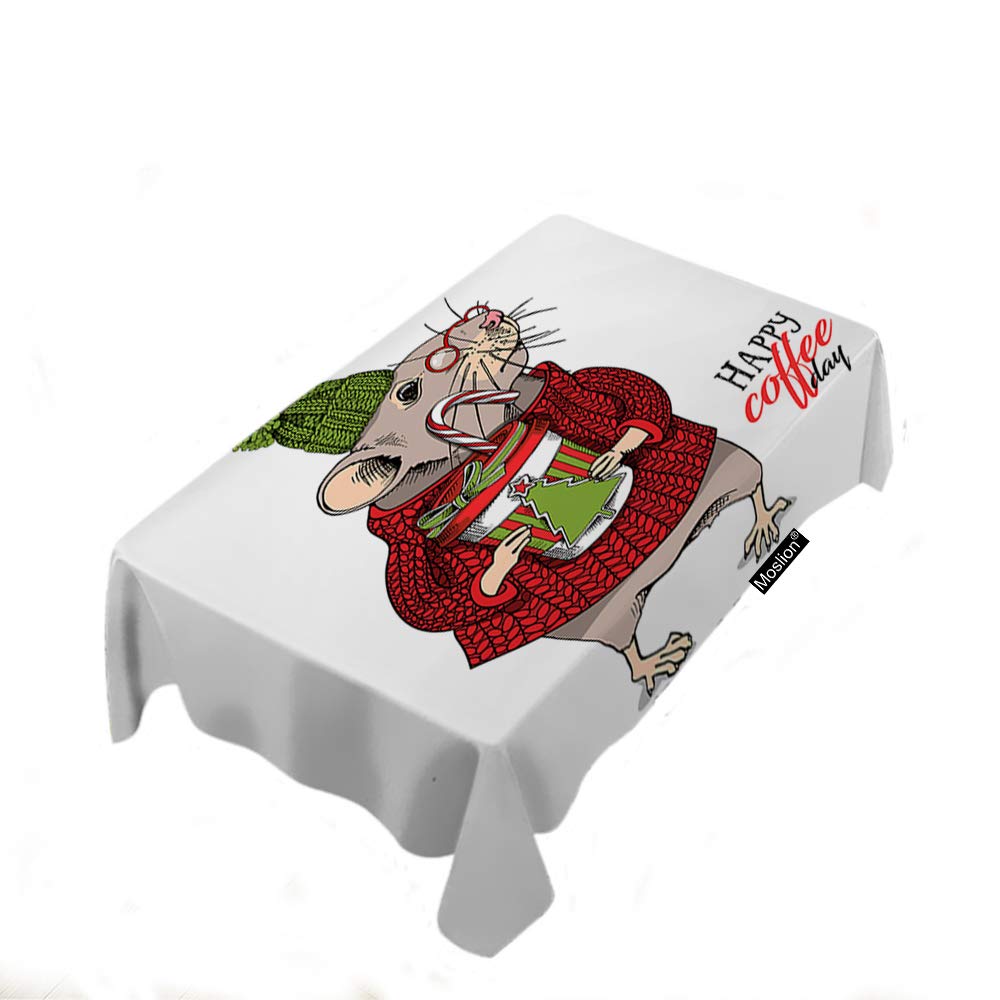 Moslion Little Mouse Tablecloth - Red Cloth with Green Hat & Coffee Happy Day Lettering, 52x70 Inch Rectangle Polyester Table Cover for Kitchen, Picnic, BBQ, Party & Holiday Decor