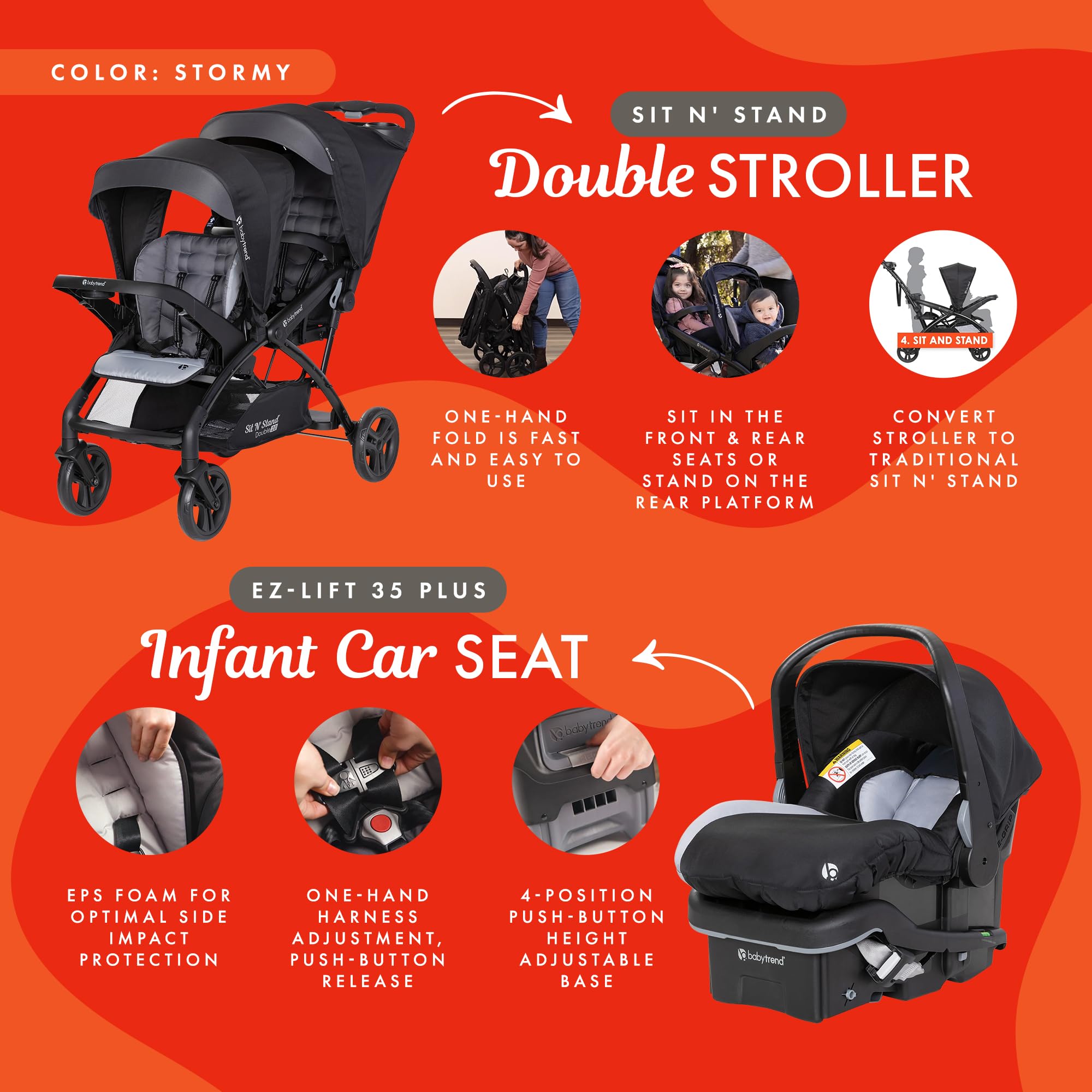 Baby Trend Double Stroller & Car Seat Combo for Infants & Toddlers - 2-Piece Travel System, Stormy Gray - Perfect for Twins, Siblings or Daycare Use