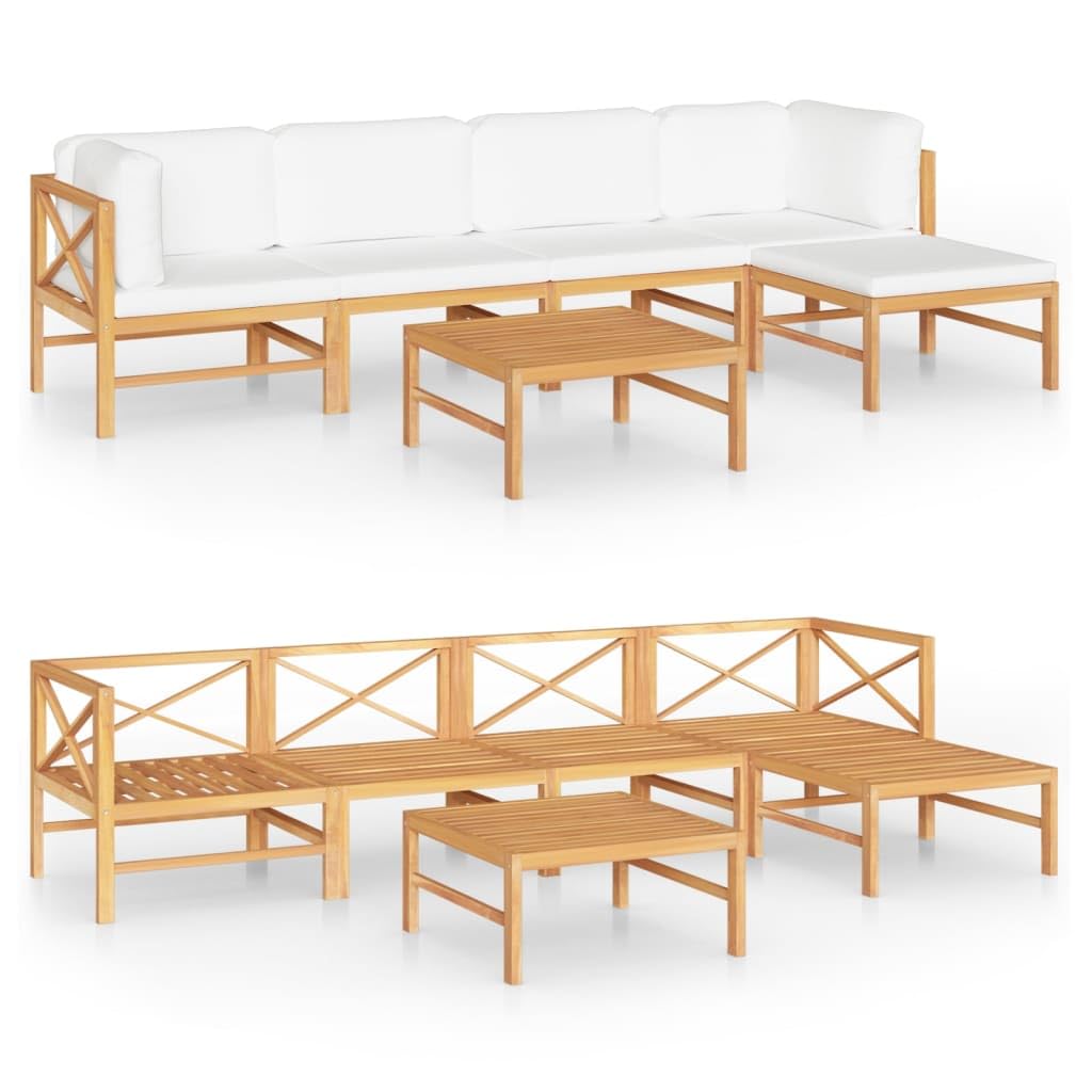 vidaXL 7-Piece Patio Lounge Set - Outdoor Sectional Sofa with Cream Cushions, Retro Style Teak Wood Furniture for Garden, Poolside & Backyard Relaxation